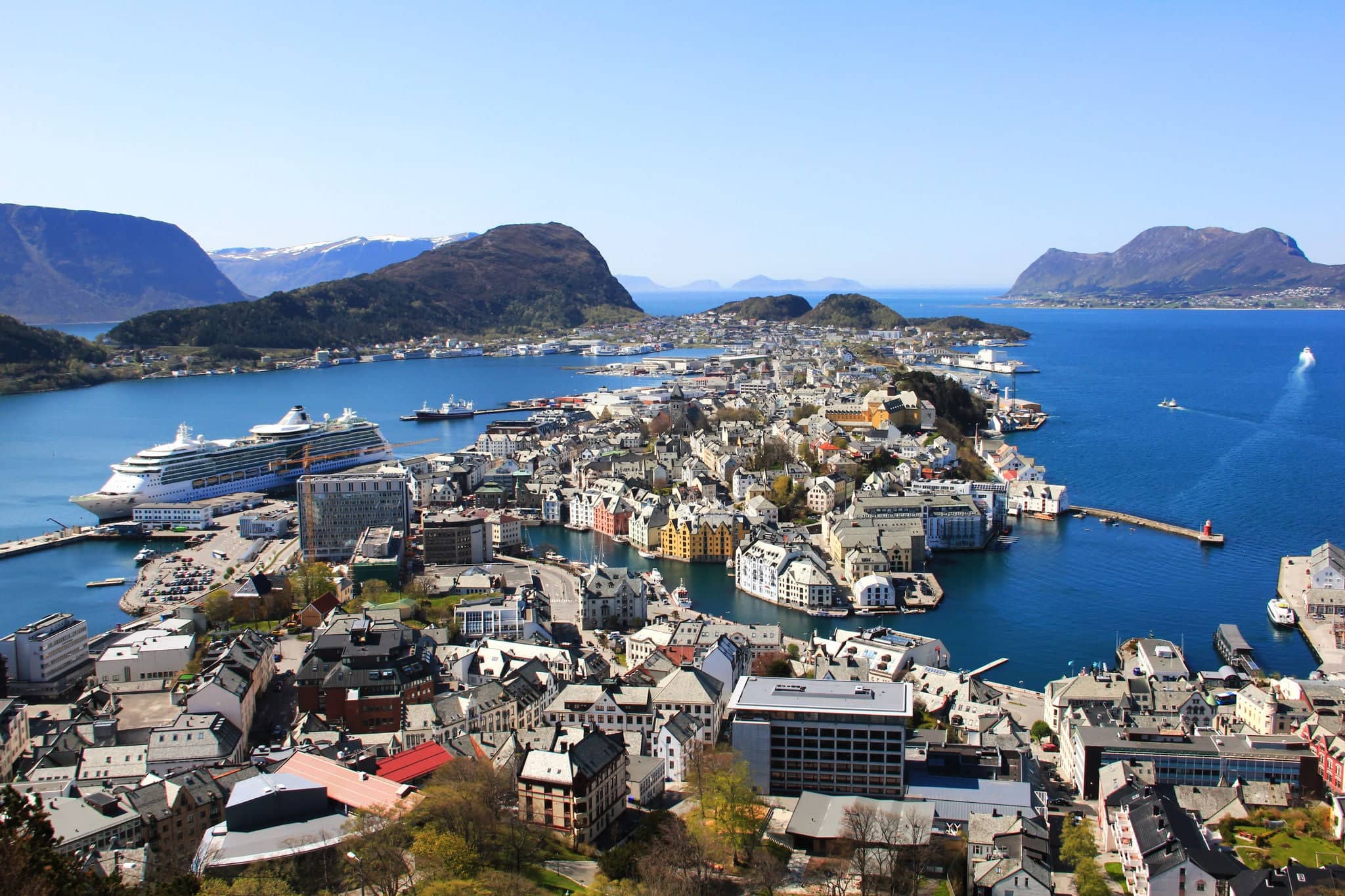 view from the mountain Aksla at the city of Alesund , Norway.