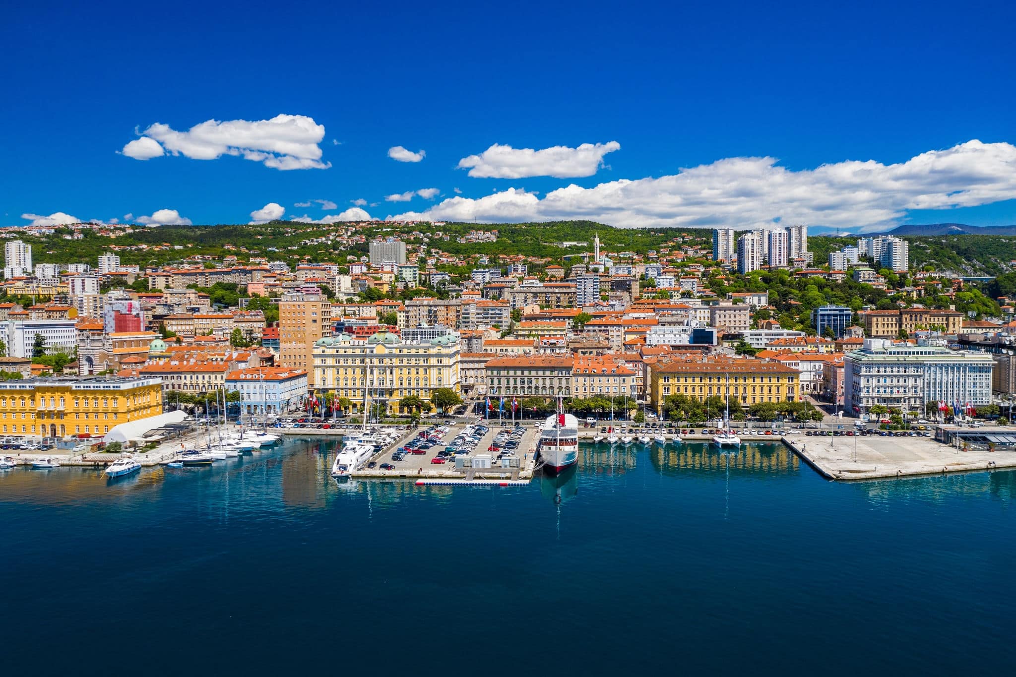 Croatia, city of Rijeka, aerial panoramic view of city center and marina from drone