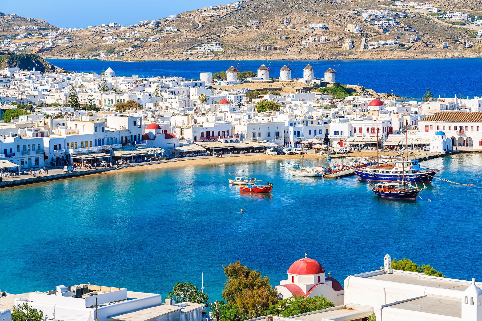 A view of Mykonos port with boats, Cyclades islands, Greece