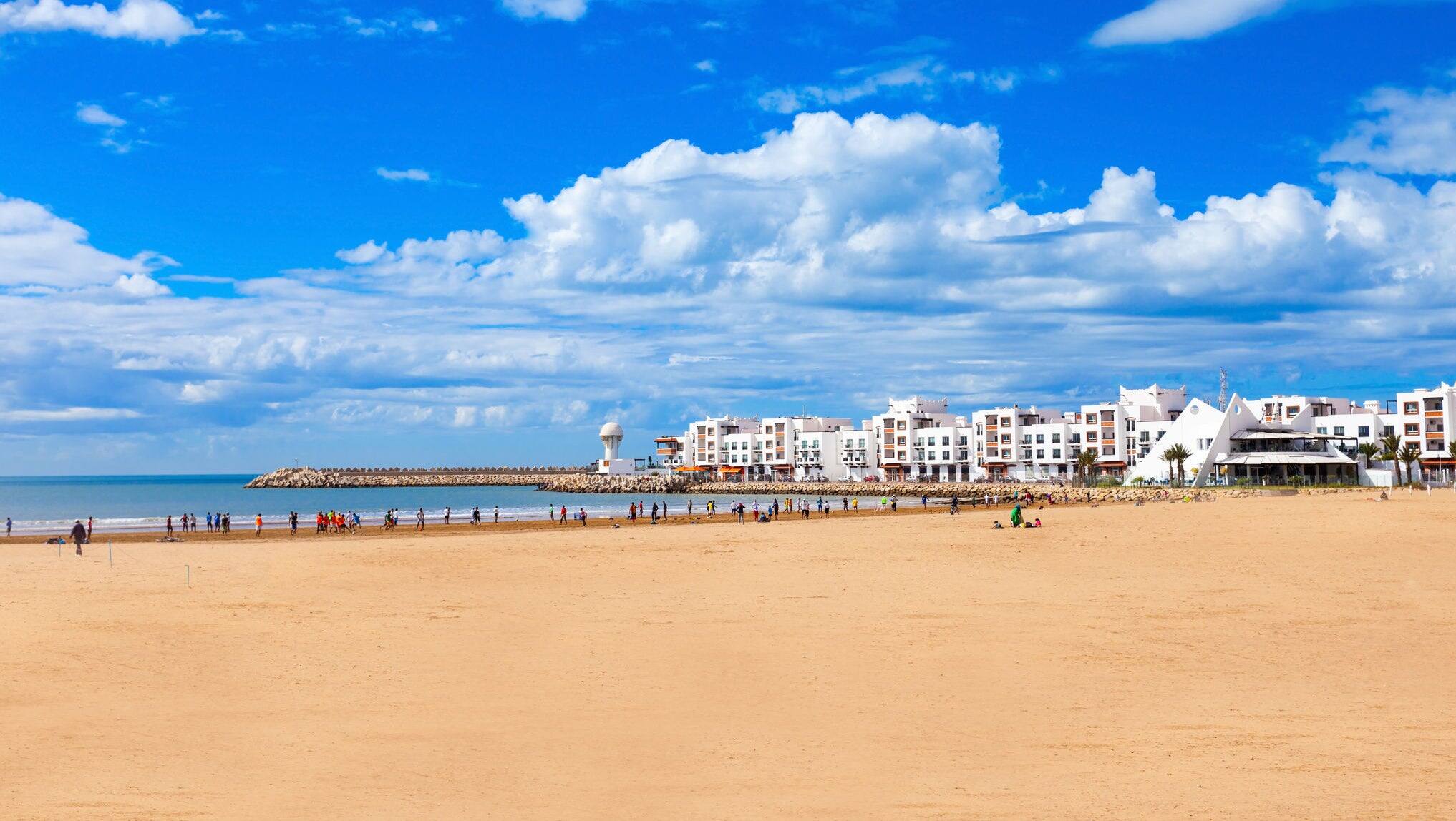 Agadir main beach in Agadir city, Morocco. Agadir is a major city in Morocco located on the shore of the Atlantic Ocean.
