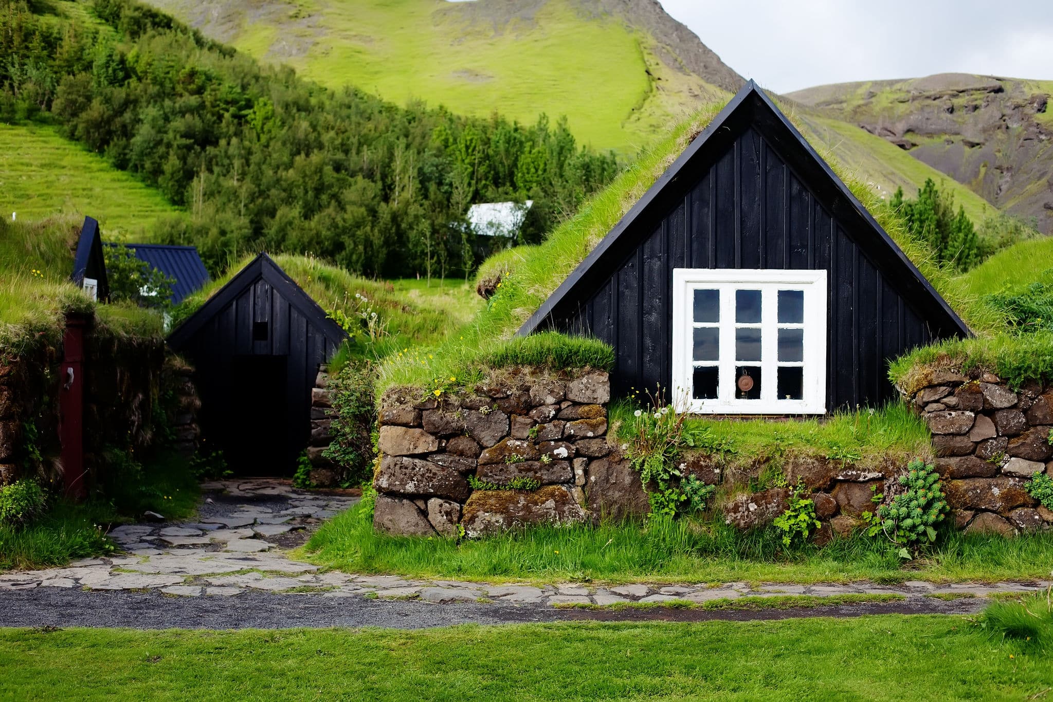 Traditional Icelandic House with grass roof in Skogar Folk Museum, Iceland