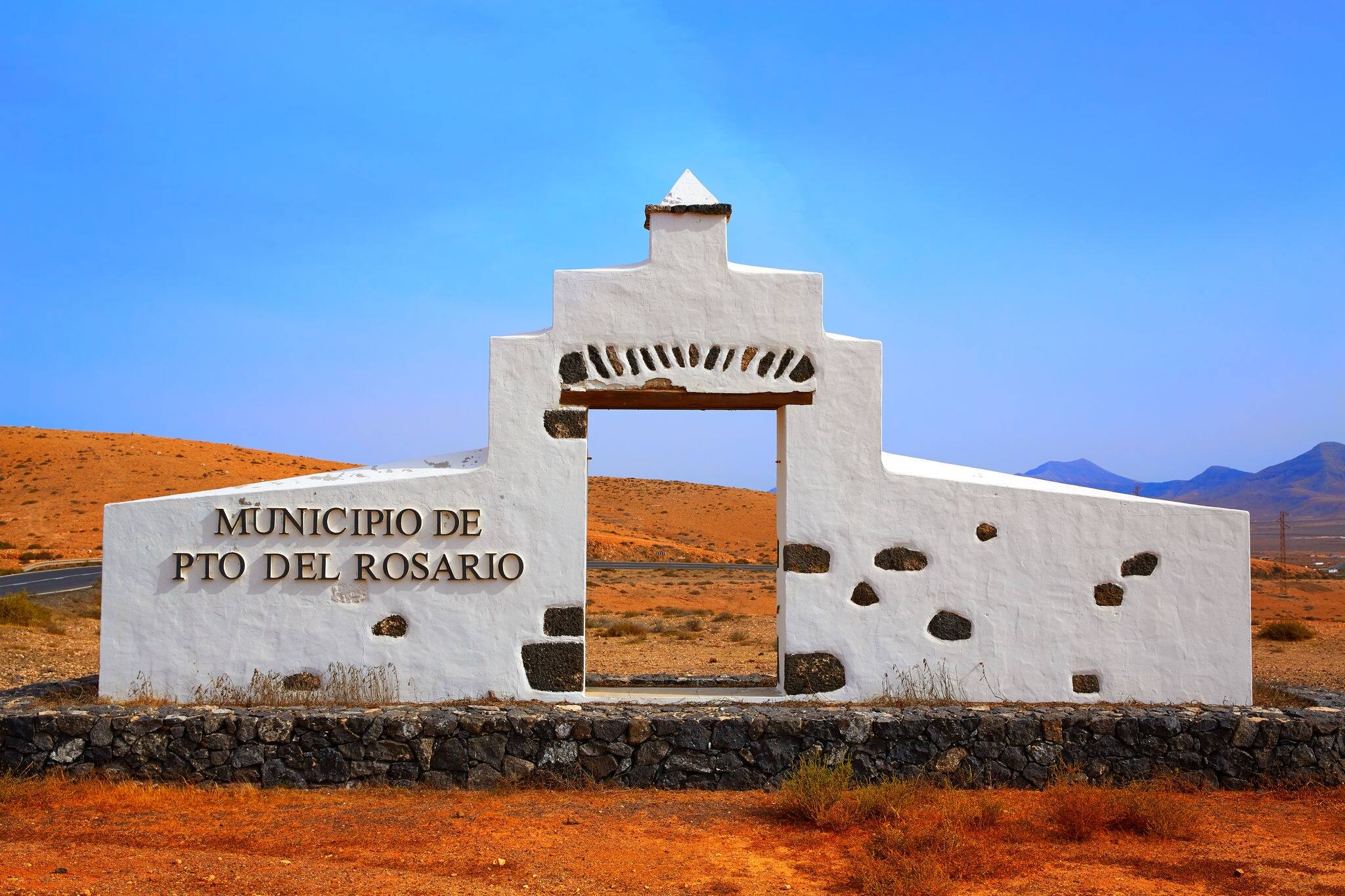 Puerto del Rosario welcome monument sign Fuerteventura at Canary Islands of Spain