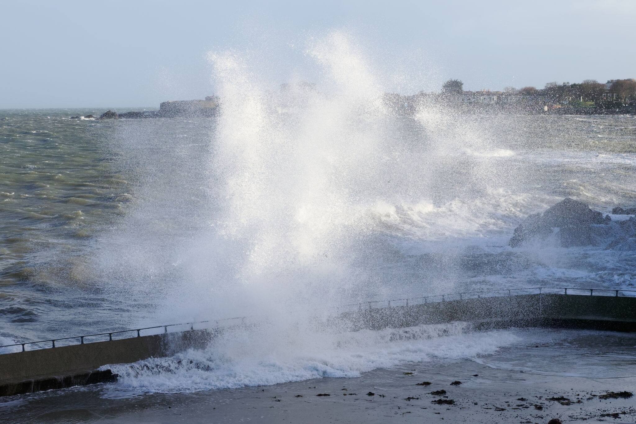 Dramatic storm waves in Dun Laoghaire, County Dublin, Ireland.