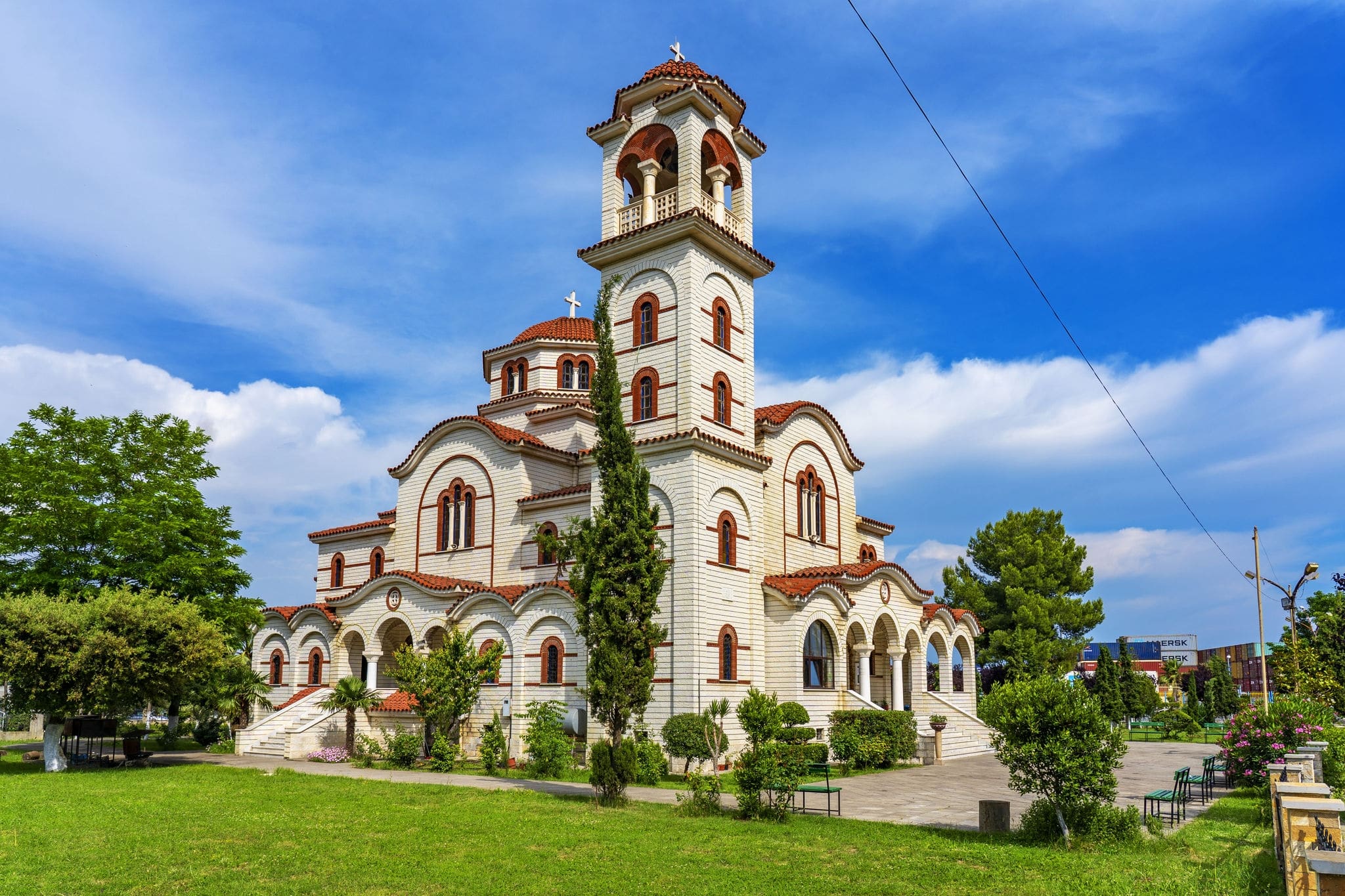 Durres, Albania - June 2, 2018: Ortodox Church of Saint Pavel and Saint Ast Durres. The cathedral is located in the city center near the waterfront.