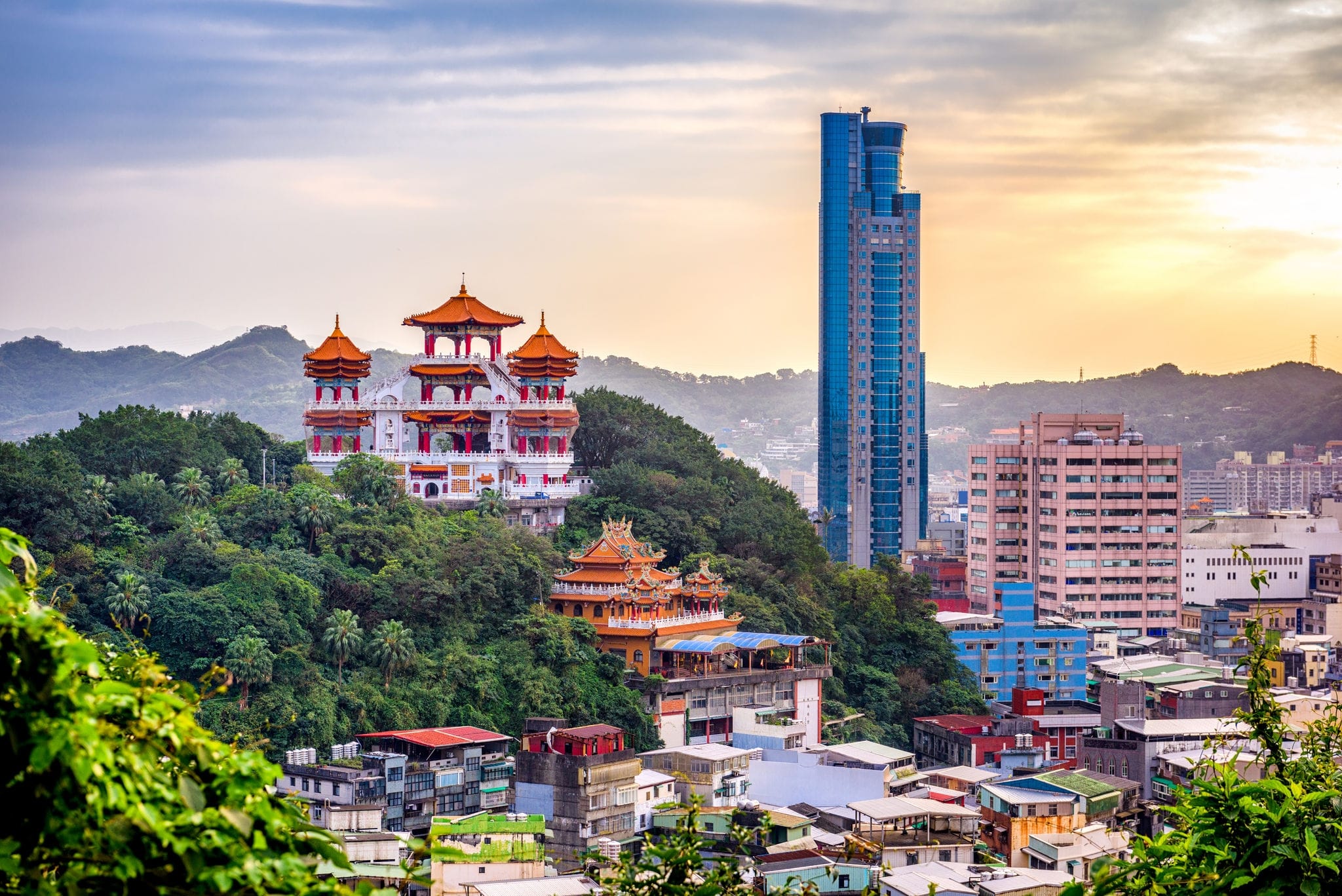 Keelung, Taiwan cityscape and temples.