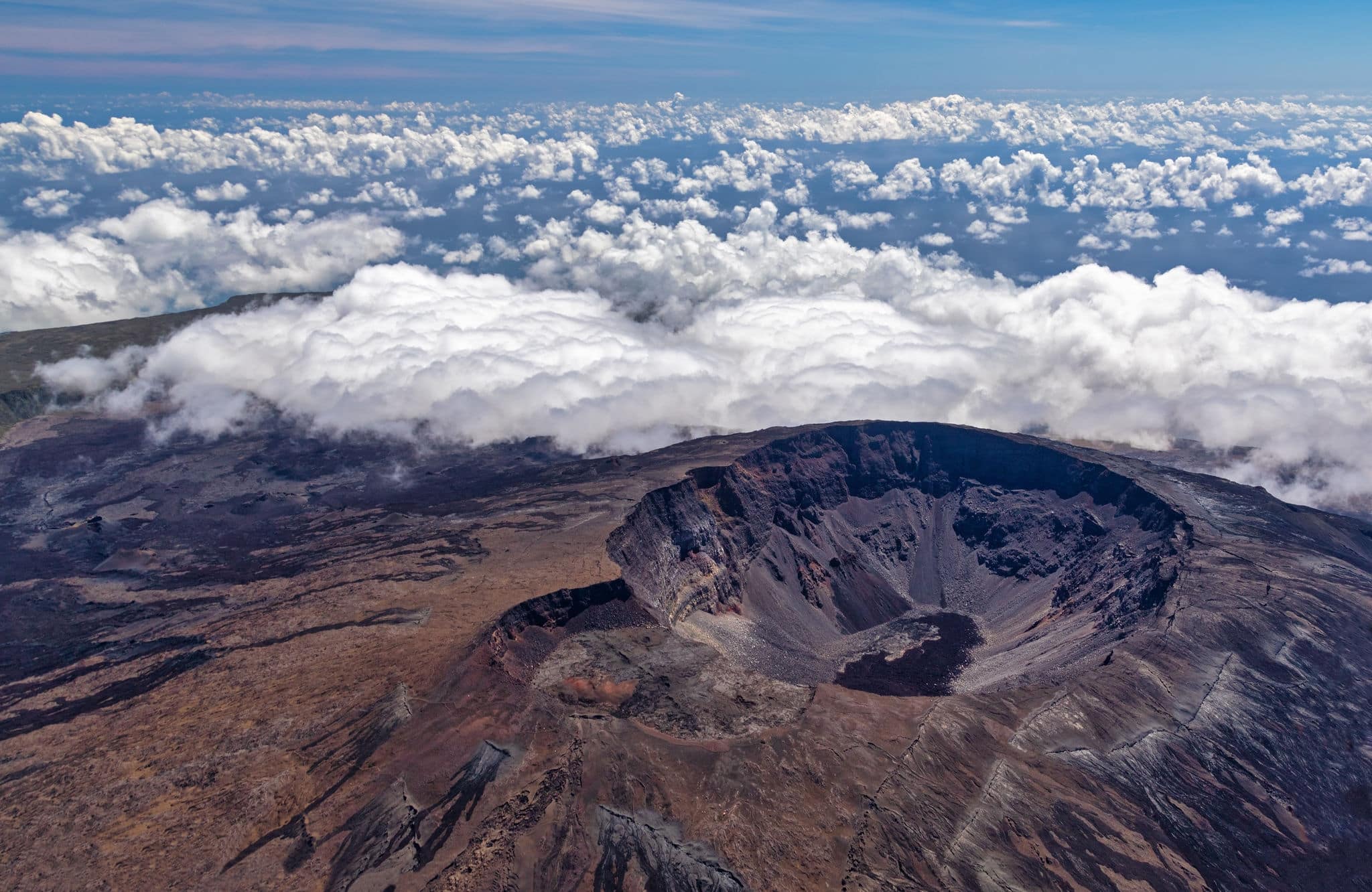 Aerial view of the volcano Piton de la Fournaise at island La Reunion