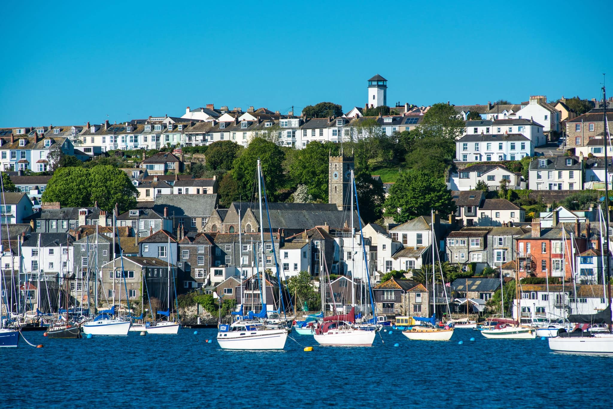 Falmouth waterfront seen from the sea. Cornwall, England, UK.