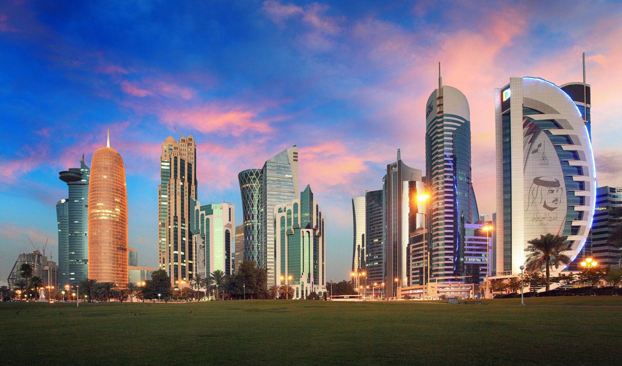 The skyline of Doha, Qatar before sunset