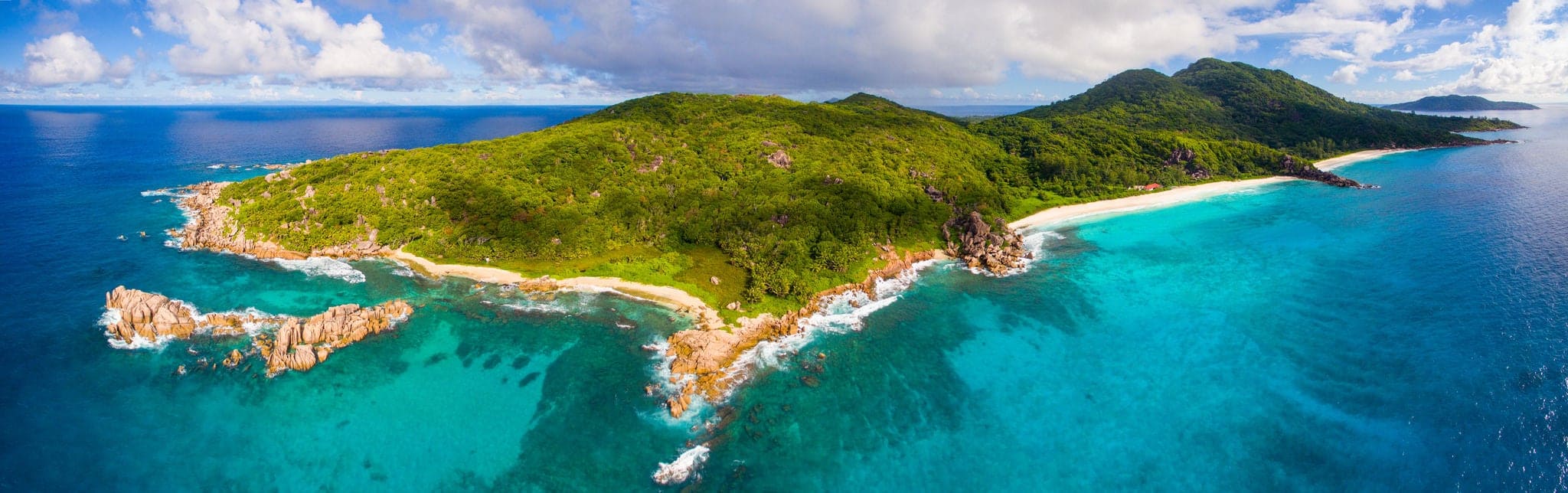 Panoramic Aerial: La Digue Island, Seychelles 