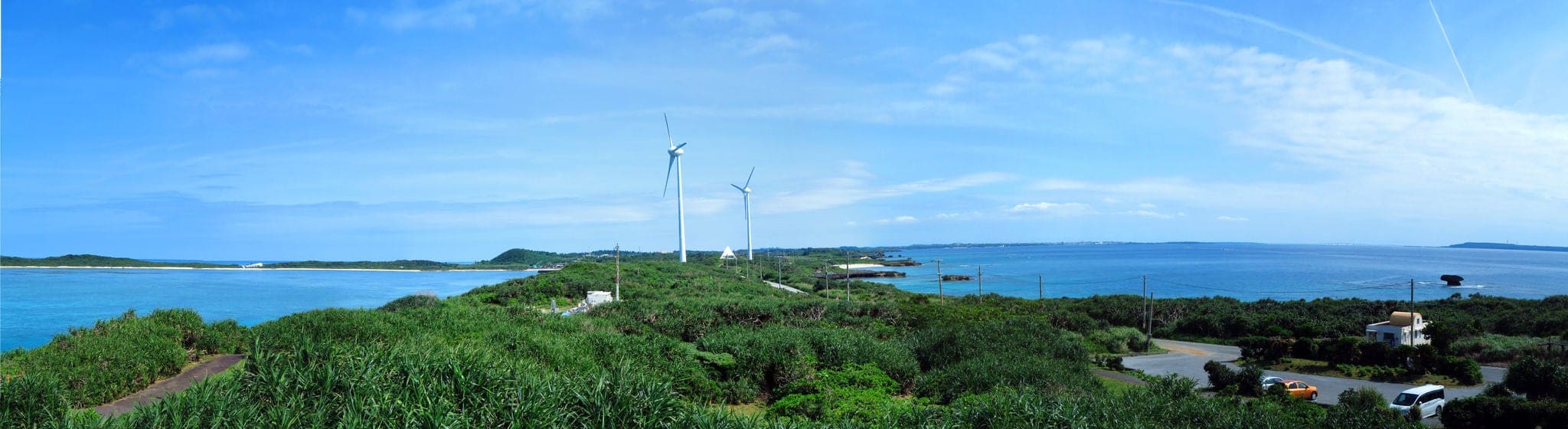 Panorama: View from the Nishi-henna Cape Observation Deck, Miyako-jima, Okinawa Japan. With the Wind Turbine in view.