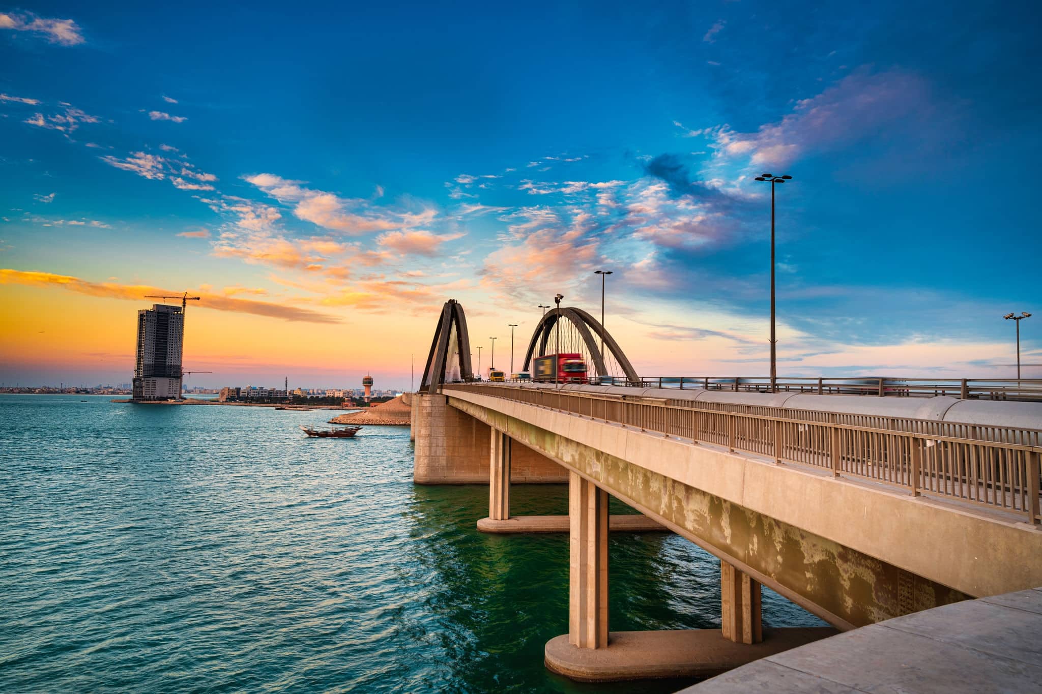 Beautiful sunset view from Hidd bridge. Bahrain. Taken on February 2021