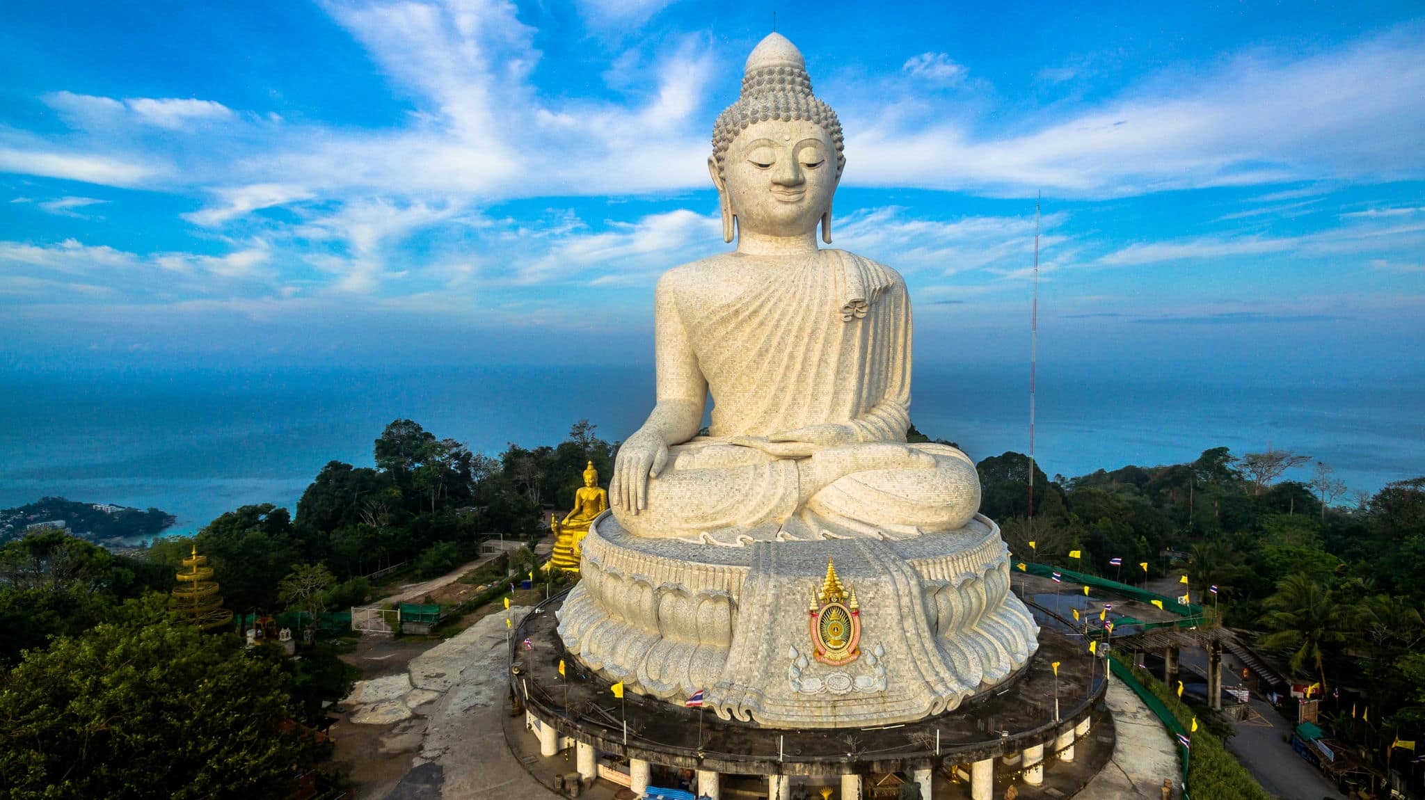 Big Buddha statue Was built on a high hilltop of Phuket Thailand Can be seen from a distance.