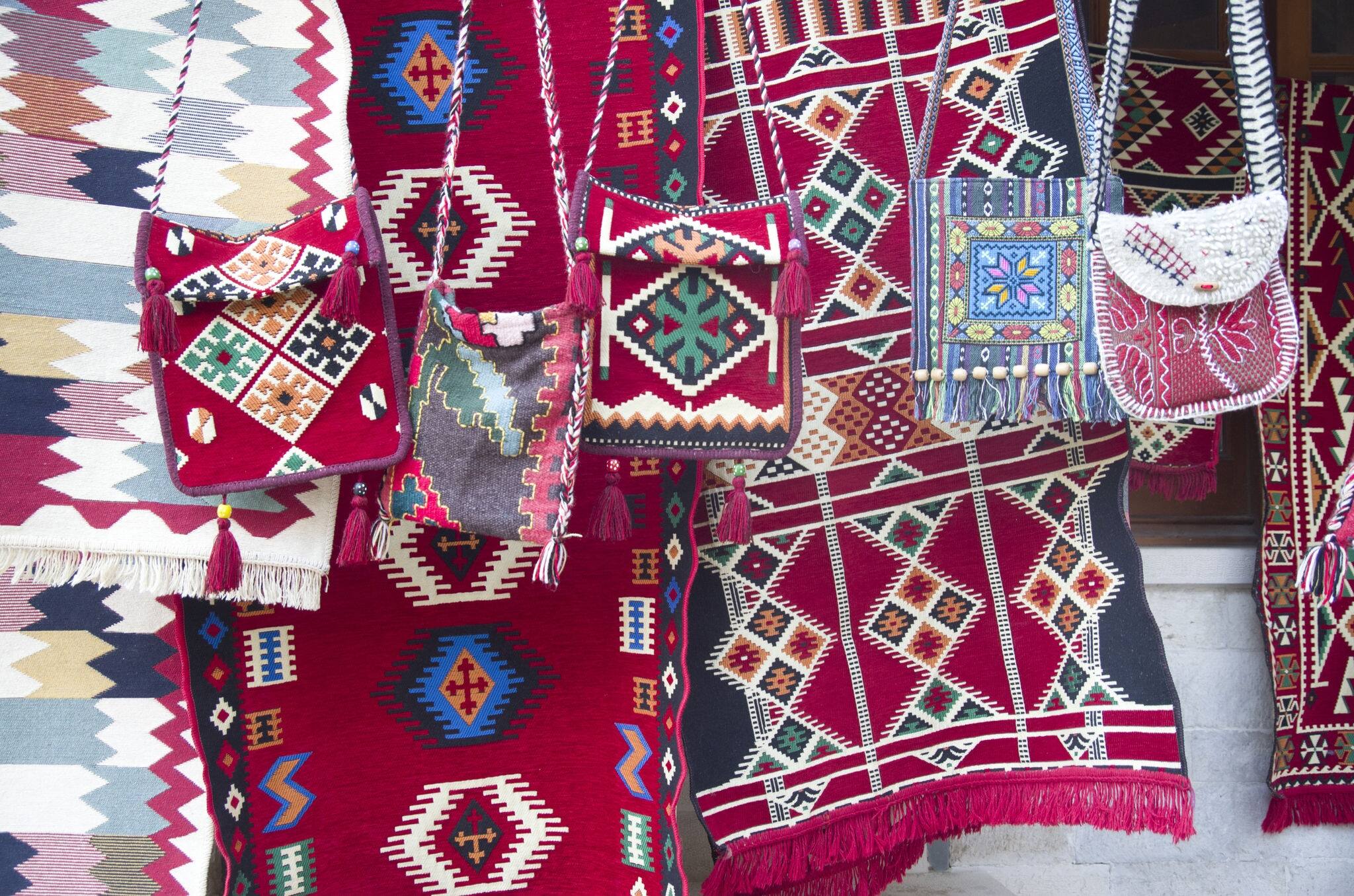 Colorful traditional carpets and bags in  Albania, Europe
