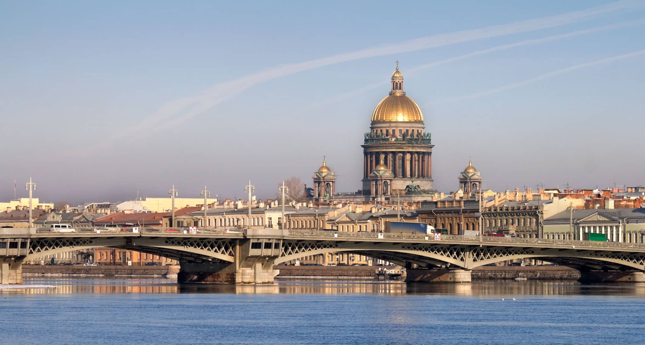 Classical view of Neva river with Isaakievsky Cathedral in Saint-Petersburg, Russia