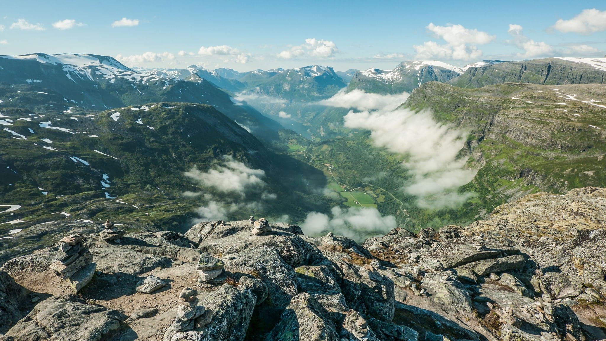 View from a mountain top on Geiranger and Geirangerfjord, Norway. Mount Dalsnibba.