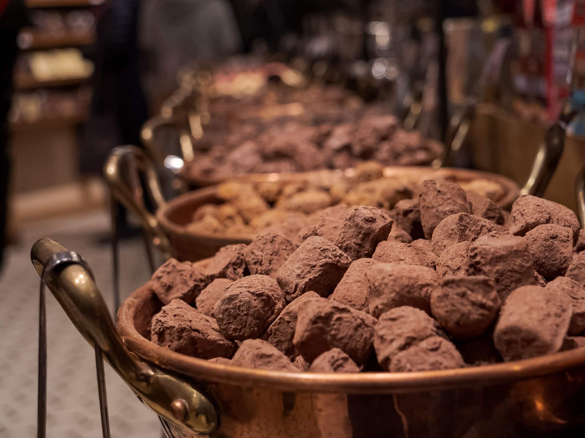Luxury and Gourmet Belgian Chocolate Truffles on sale at  a Belgian Chocolatier in the city of Bruges, Belgium.