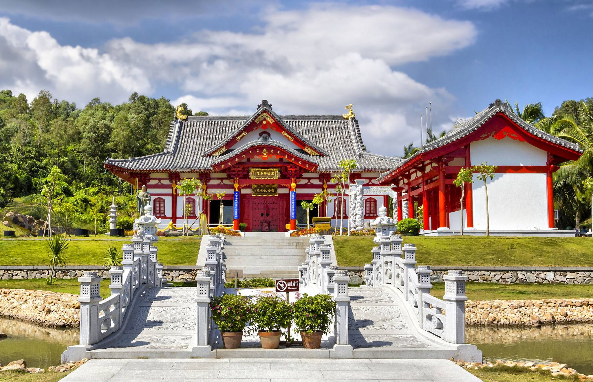 Red House in china's traditional stile in buddhism centre, Sanya city, island Hainan, China