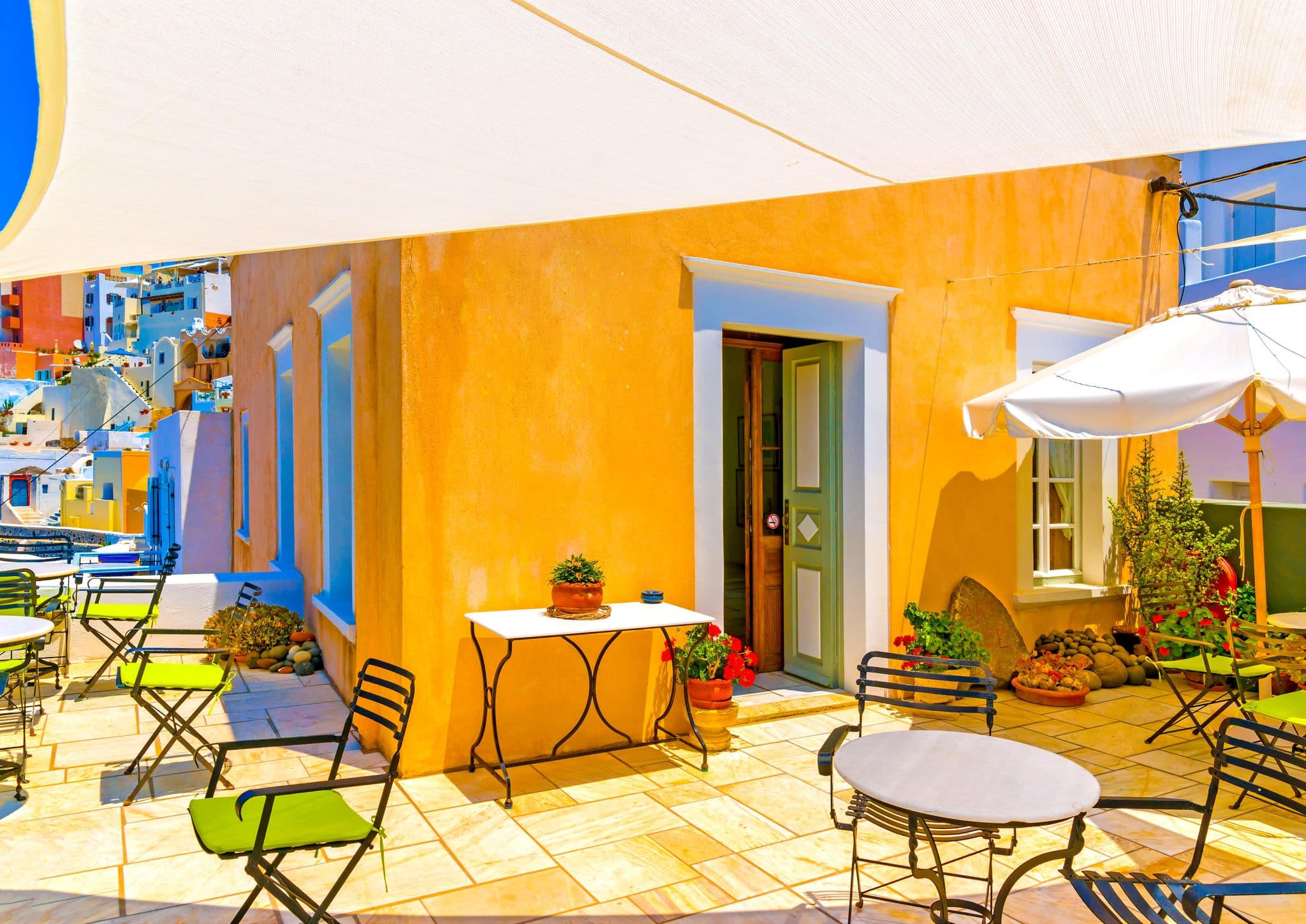 Beautiful old traditional  colored house in Fira the capital of Santorini island in Greece