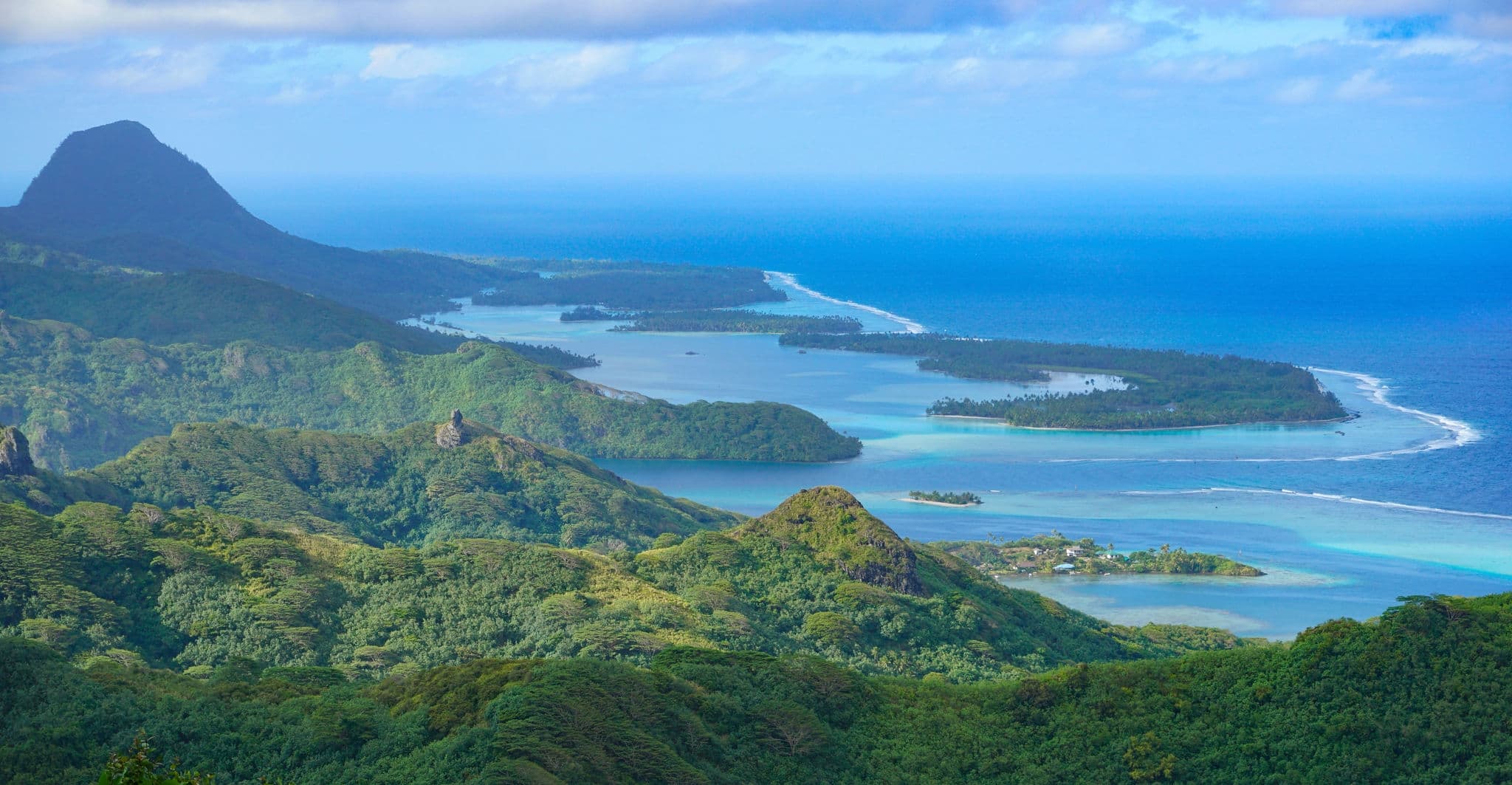 French Polynesia, Huahine island landscape from the mountain Pohue Rahi, south Pacific ocean, Oceania