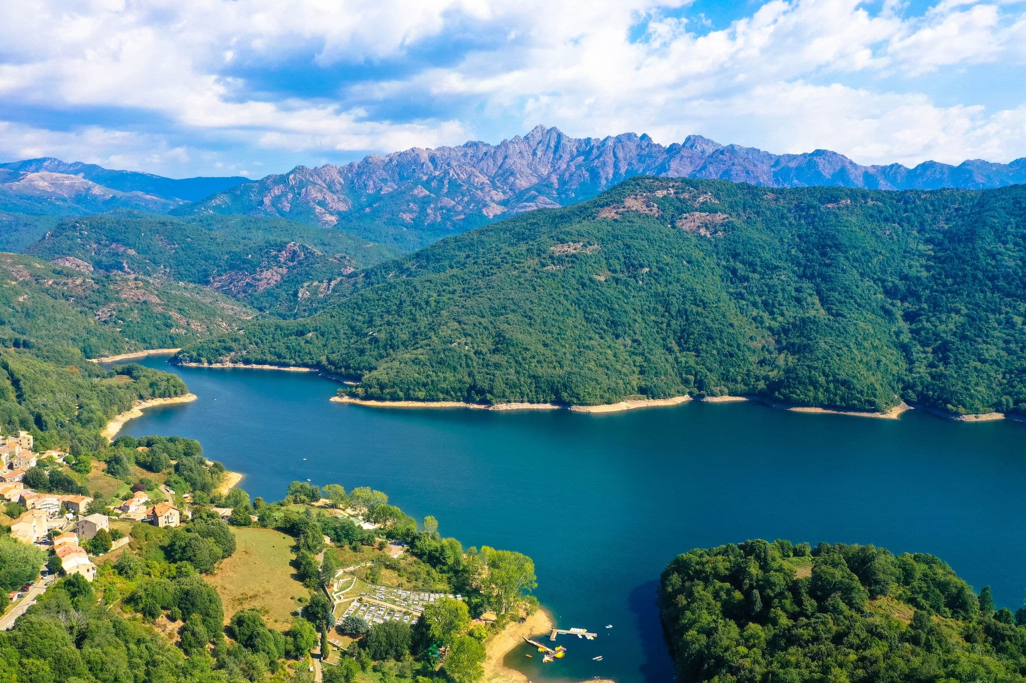 Aerial view,  Lac de Tolla is a reservoir on the mediterranean island of Corsica. It is located in the south of the island, east of the island's capital Ajaccio