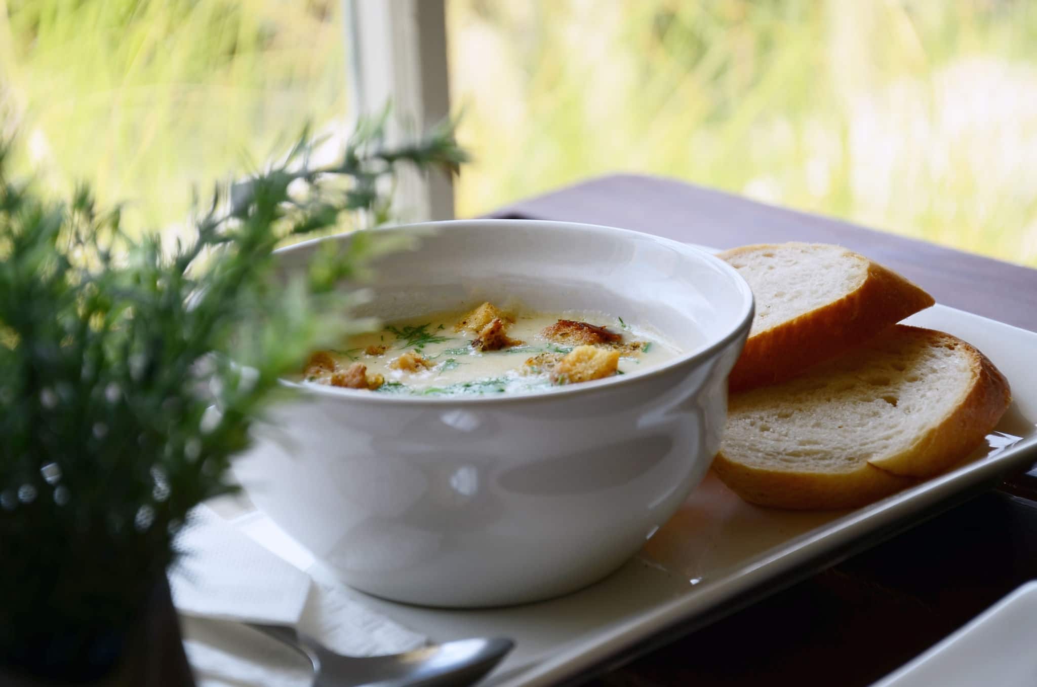 chowder soup with bread and croton