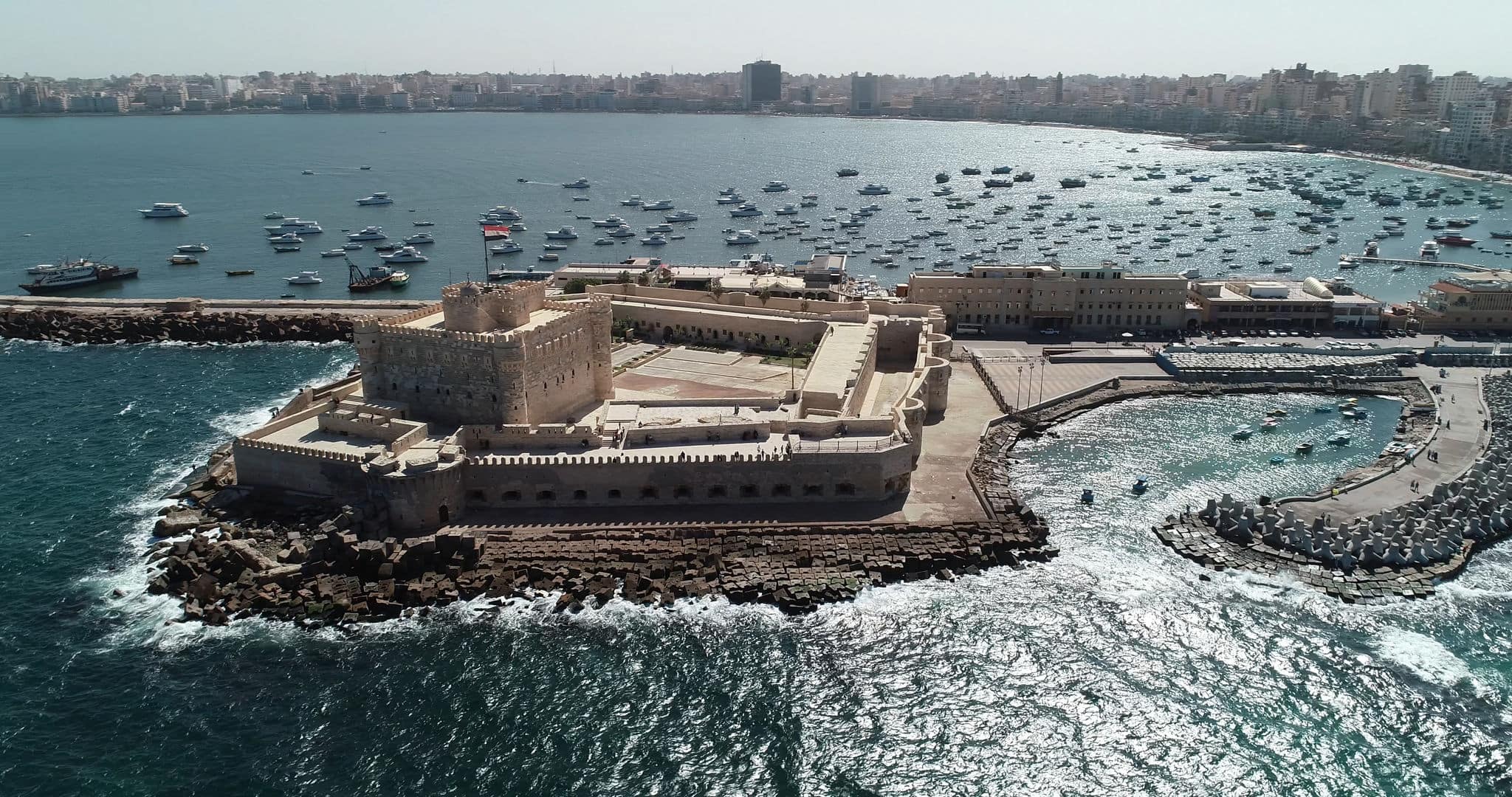 Aerial Drone Shot over Egypt Alexandria City sea - The Citadel of Qaitbay