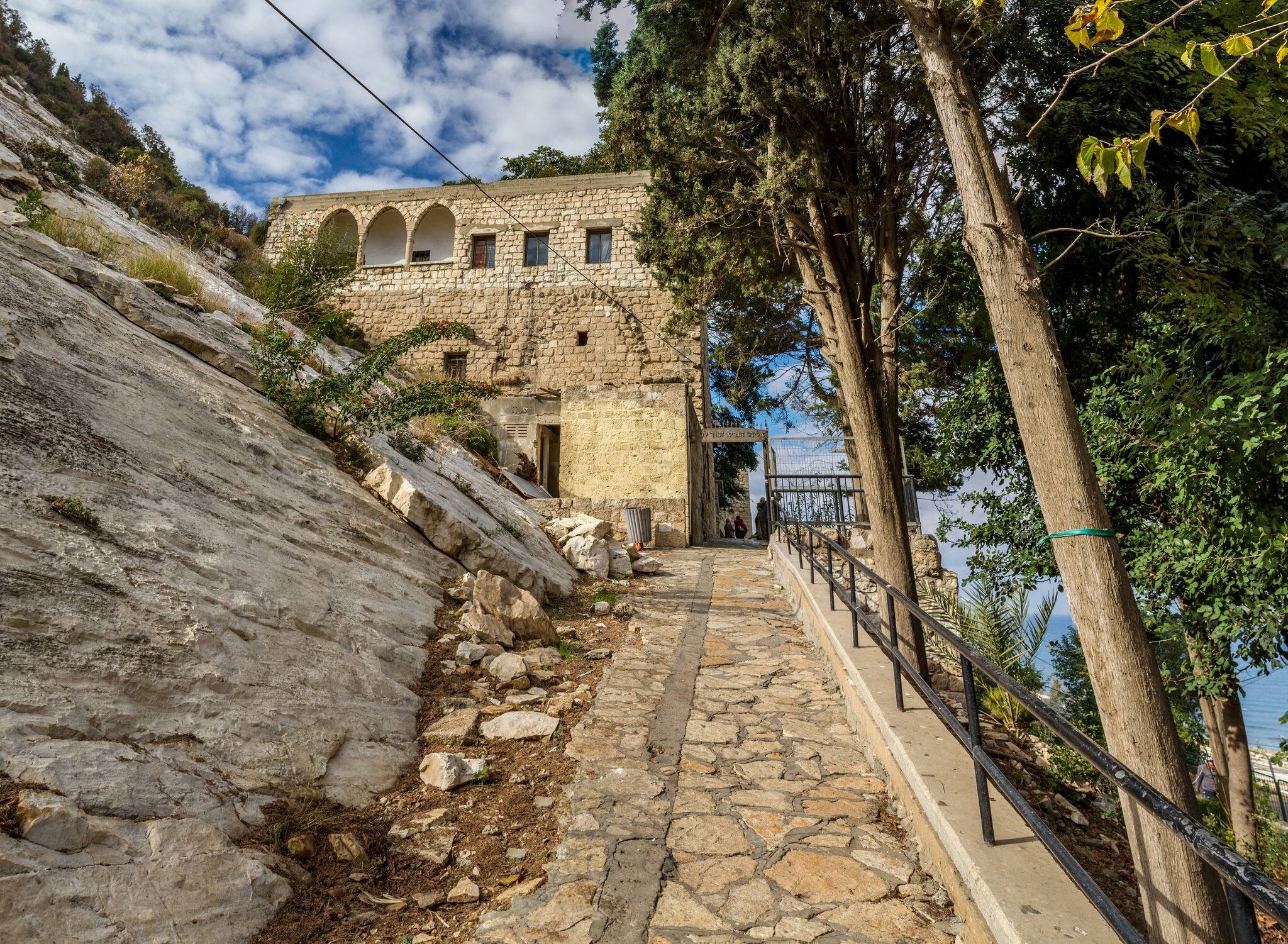 The Cave of Elijah Mount Carmel in Haifa, Israel with hebrew inscription above the entrance: Prophet Elijah memorable.