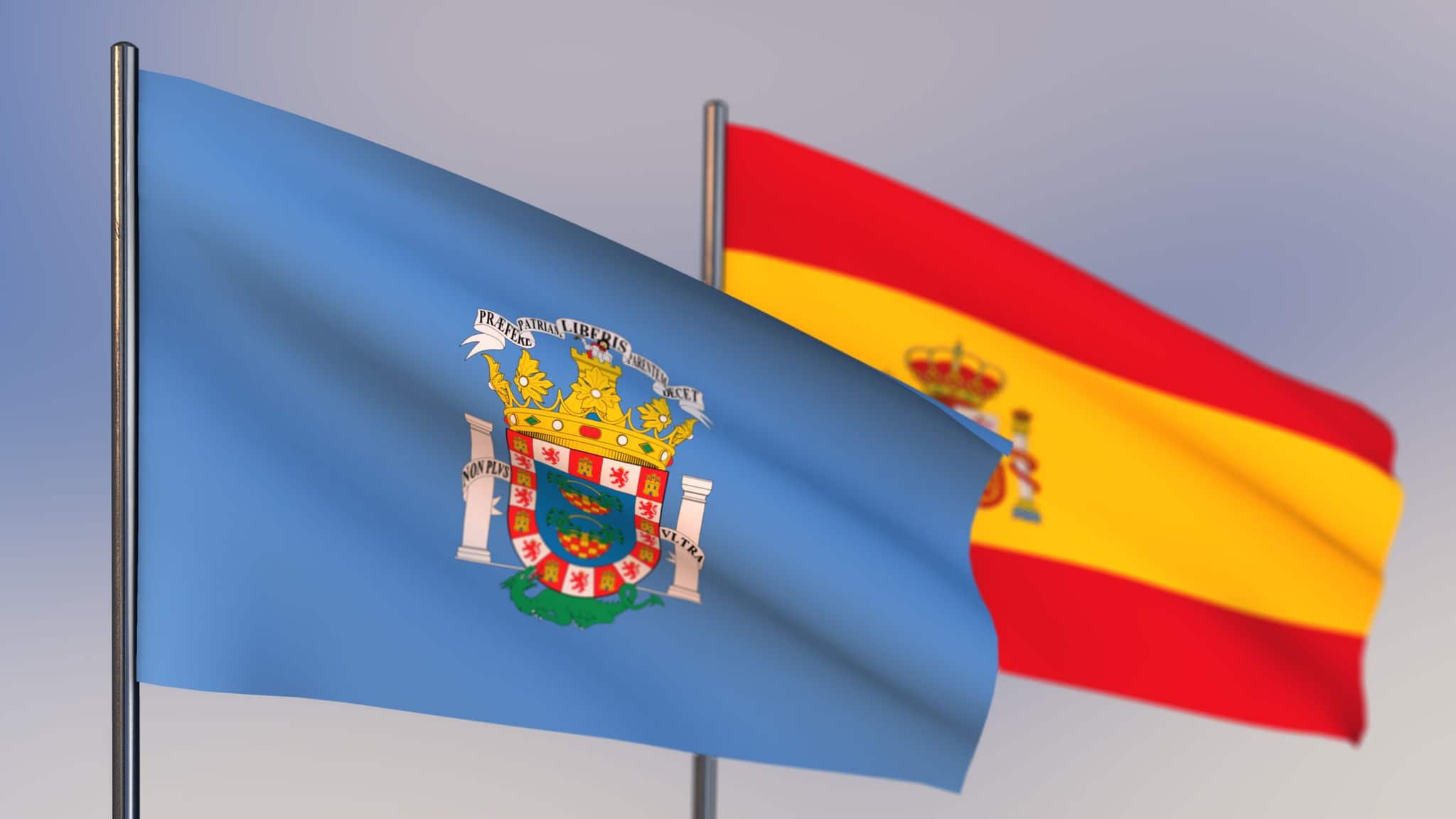 Melilla 3D flag on flagpole waving in wind. The flag of Spain is located in the background.