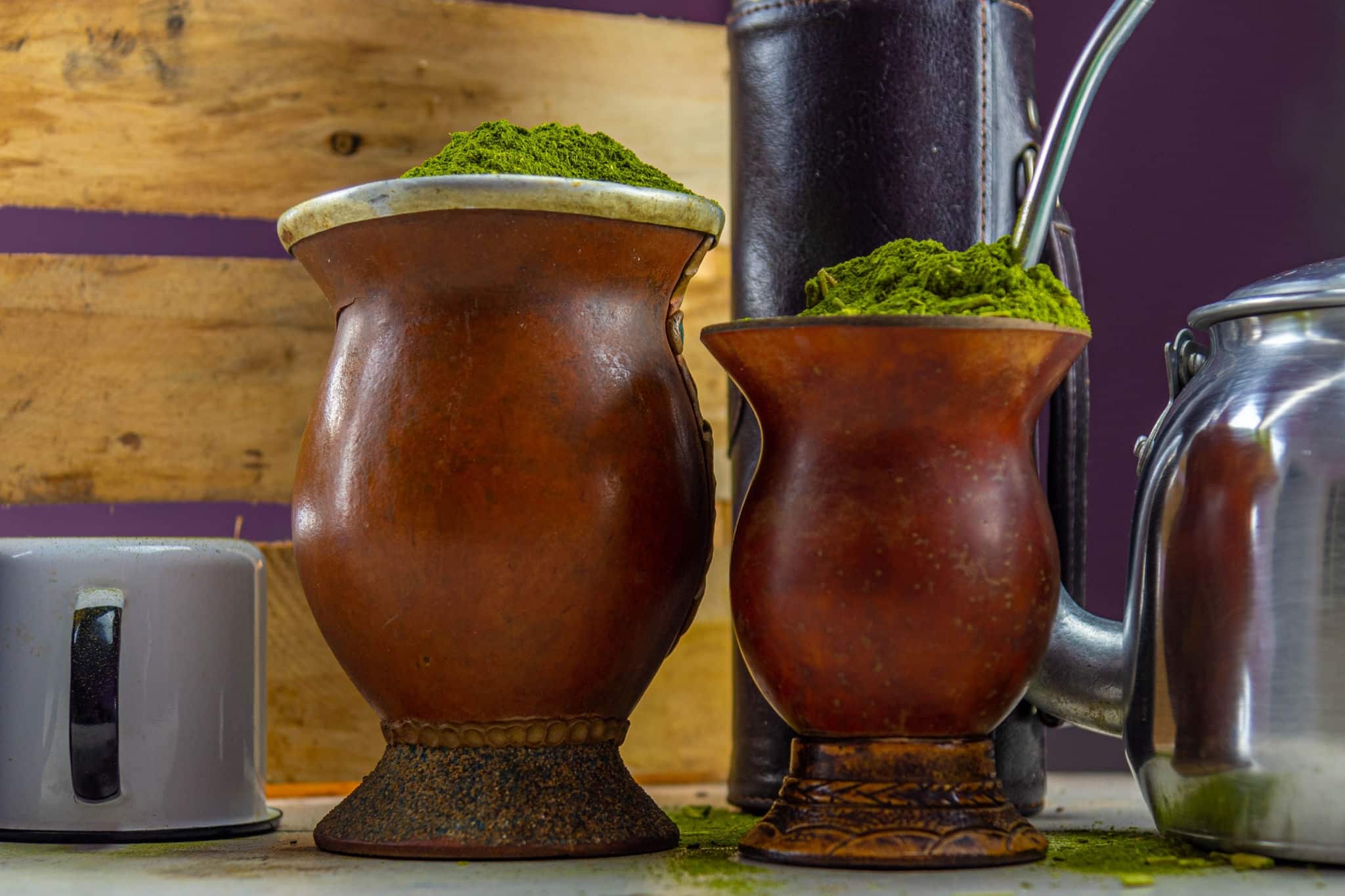 Utensils for the consumption of traditional yerba mate tea from South America called "chimarrao" in Brazil. Chimarrão, or mate herb, is a South American drink left by indigenous cultures.