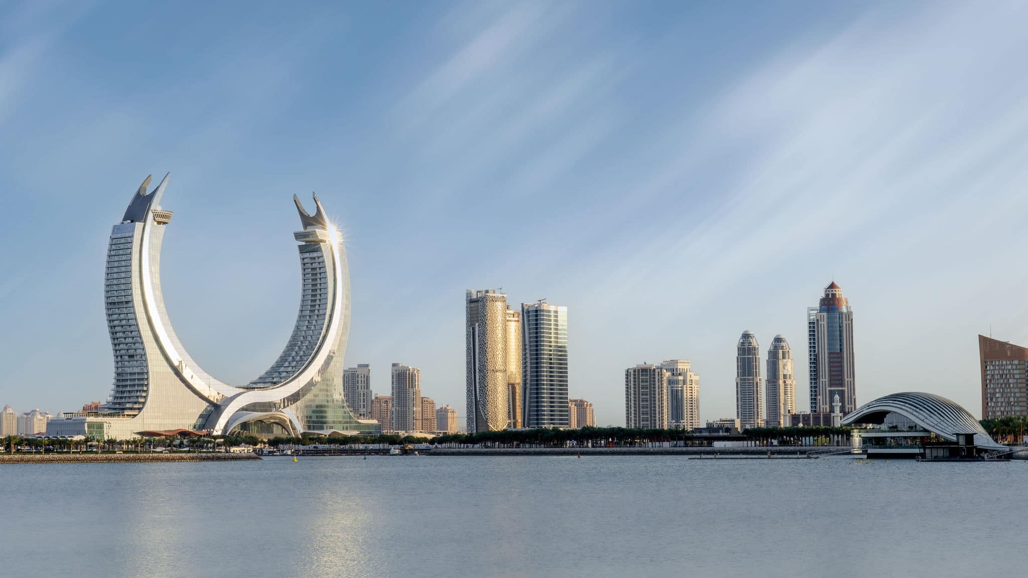 Lusail, Qatar- March 10,2024: the newly developed lusail city with winter wonderland and crescent tower in the background.