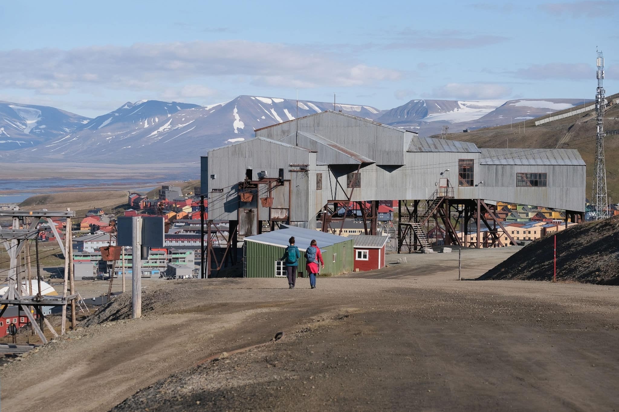 Former coal mine, station of the cableway with coal cars in Longyearbyen. Former mining town Longyearbyen, capital of Svalbard, Spitsbergen, Norway.
