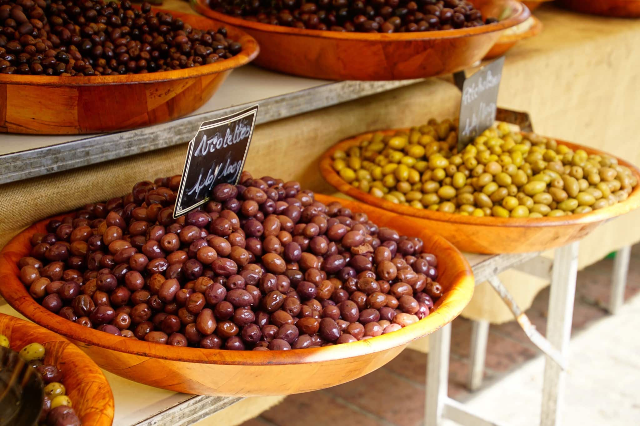 Olives for sale at a market in Ajaccio Corsica, France