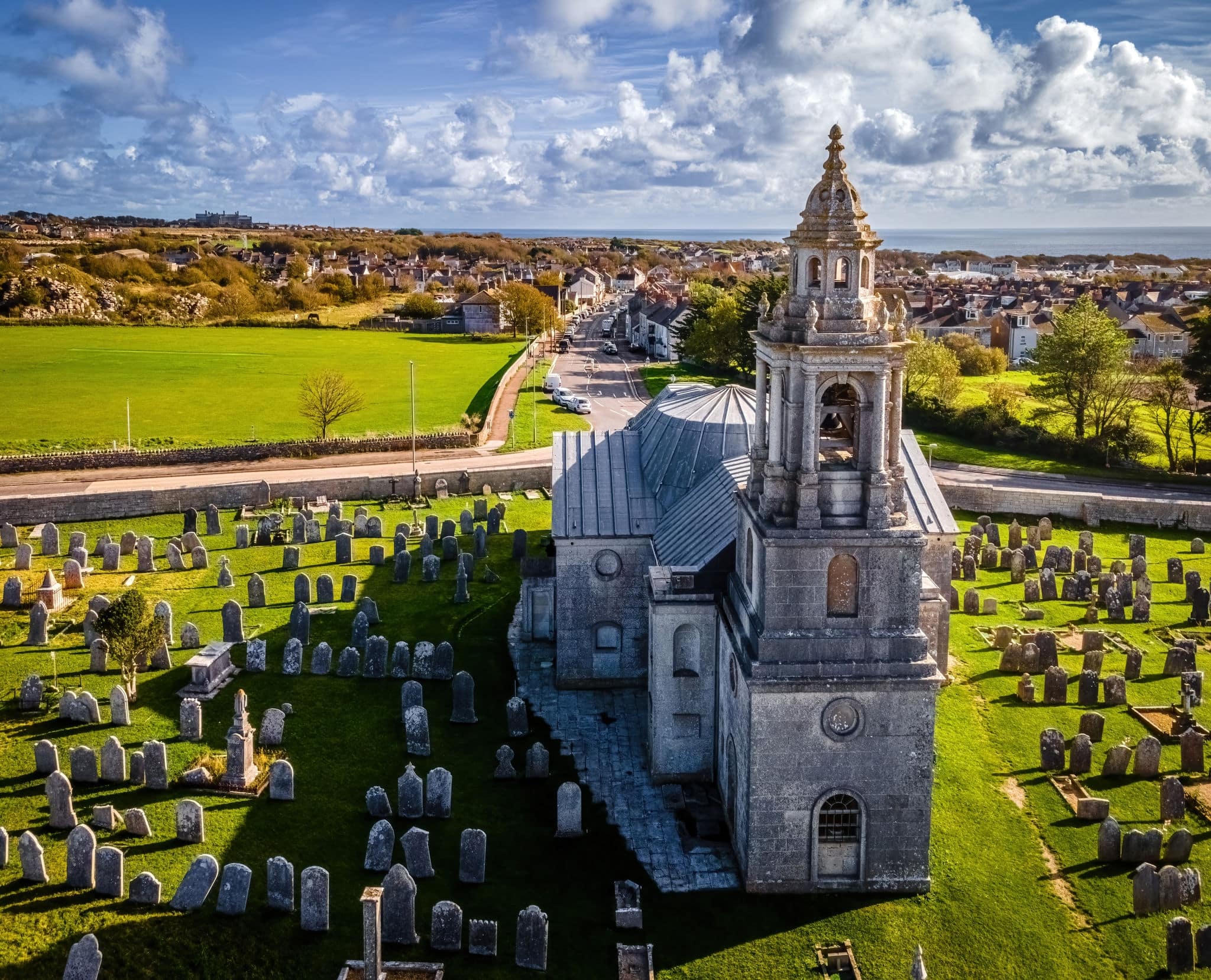 The aerial view of St George's Church is a Church of England church on the Isle of Portland, England, UK