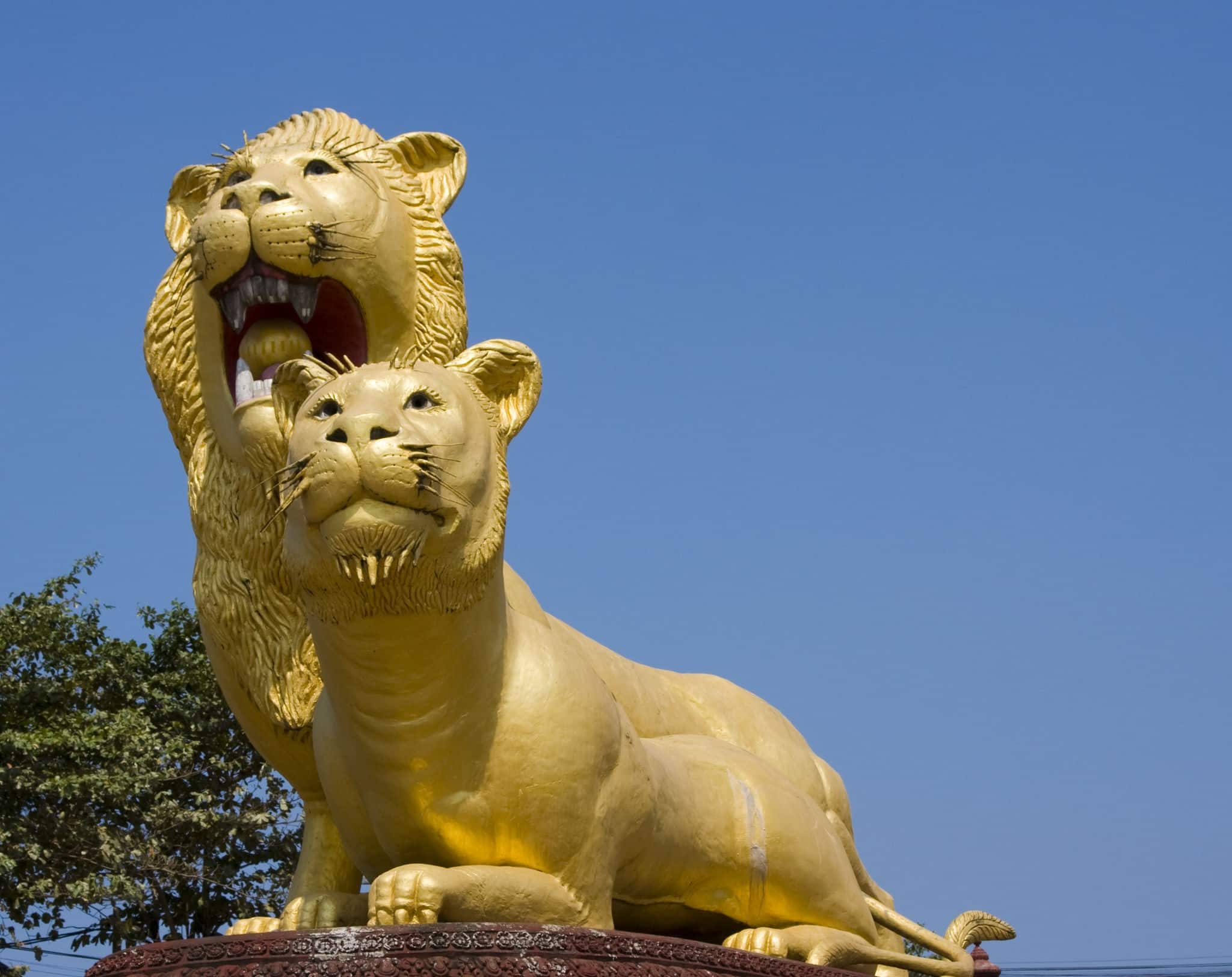 Statue of lion in the main square of the city Sihanoukville, Cambodia.
