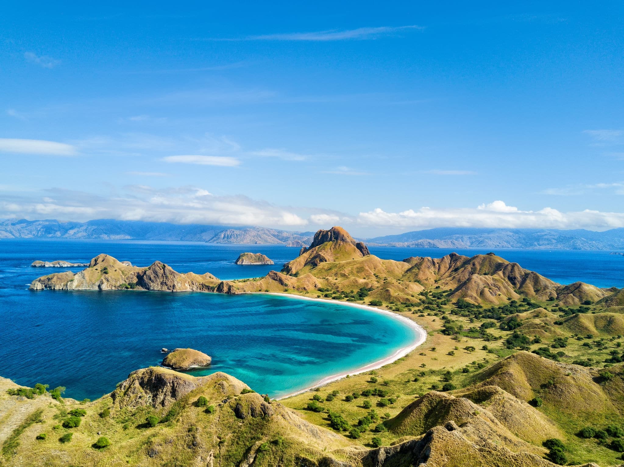 Aerial view of dramatic scenery on Pulau Padar island in between Komodo and Rinca Islands near Labuan Bajo in Indonesia.
