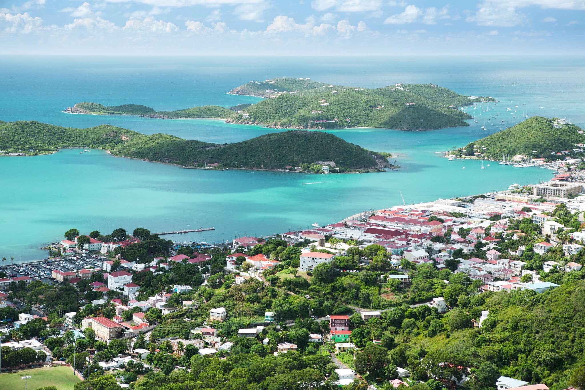 Aerial view of the island of St Thomas, USVI. Charlotte Amalie - cruise bay.
