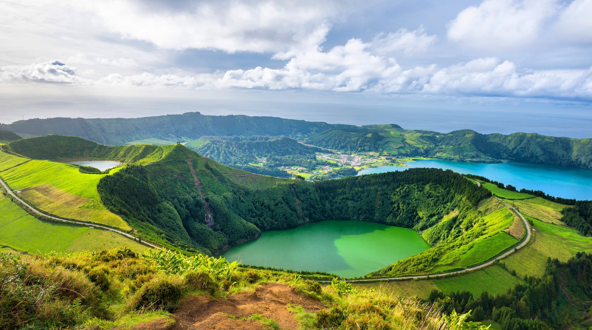 Mountain landscape with hiking trail and view of beautiful lakes Ponta Delgada, Sao Miguel Island, Azores, Portugal