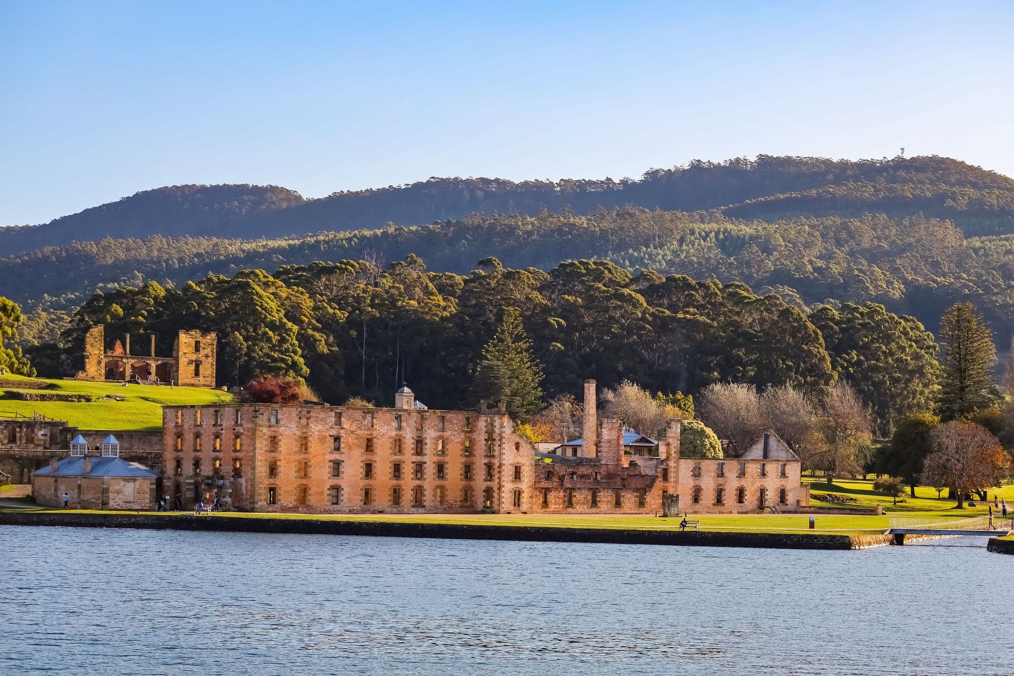 The ruins on the Port Arthur Historic Site surrounded by greenery in Tasmania, Australia
