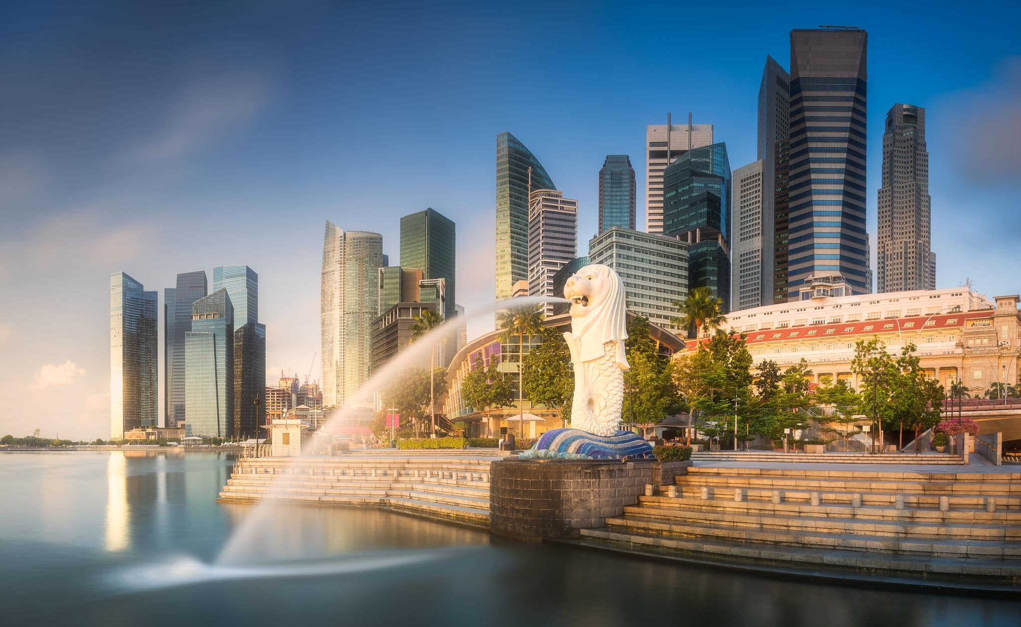 View of business district and Marina bay skyline at sunrise in Singapore