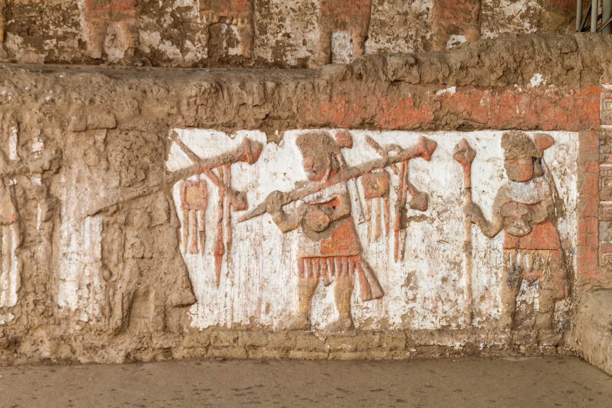 Detail of a decoration at archeological site Huaca del Sol y de la Luna (Temple of the Sun and the Moon) in Trujillo, Peru. Site was built in Moche period.