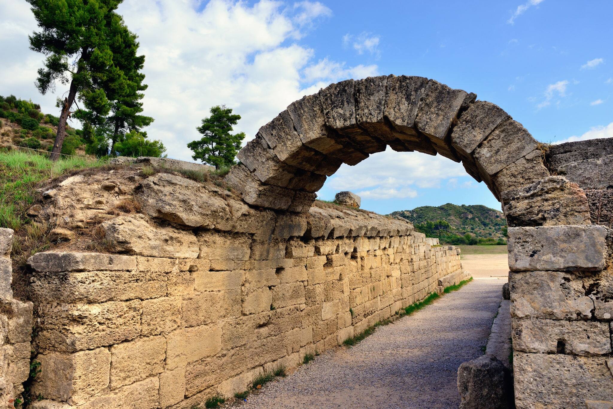 Ancient stadium shown in Olympia. Birthplace of the olympic games, now UNESCO world heritage site 