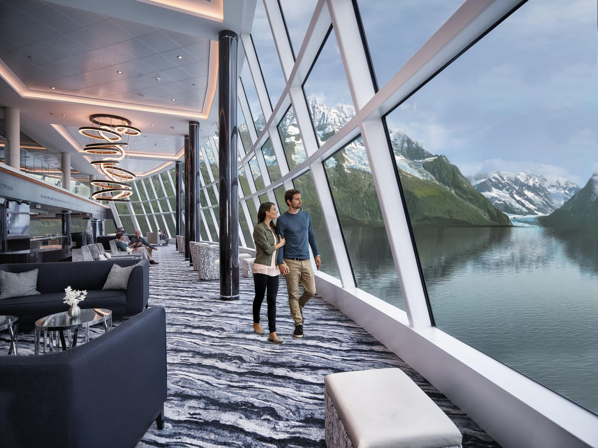 Observation Lounge couple strolling-Alaska. 