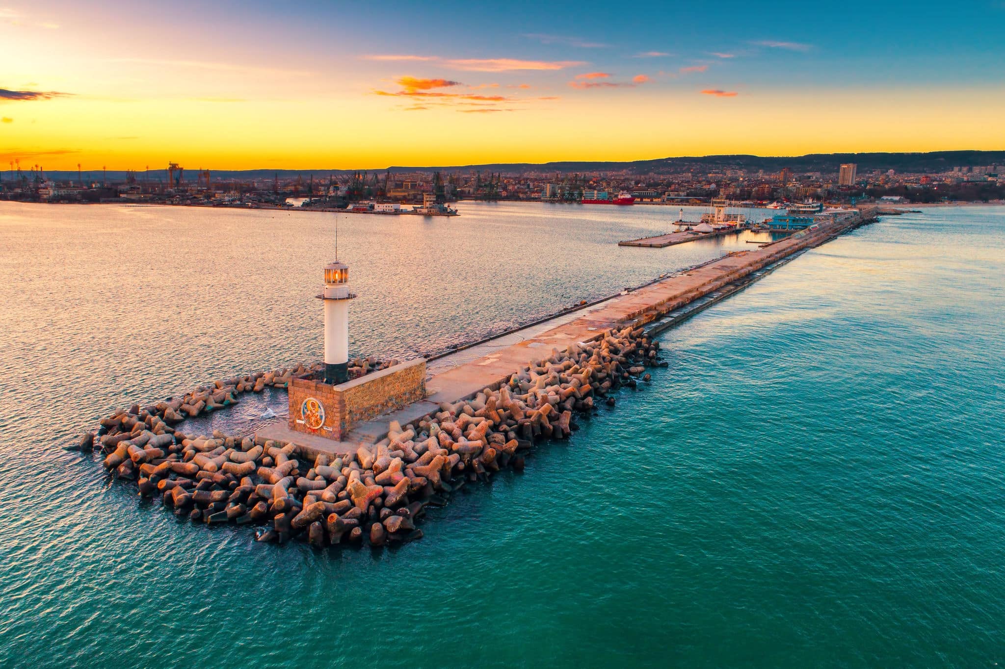 Aerial view of lighthouse at sunset in Varna, Bulgaria.