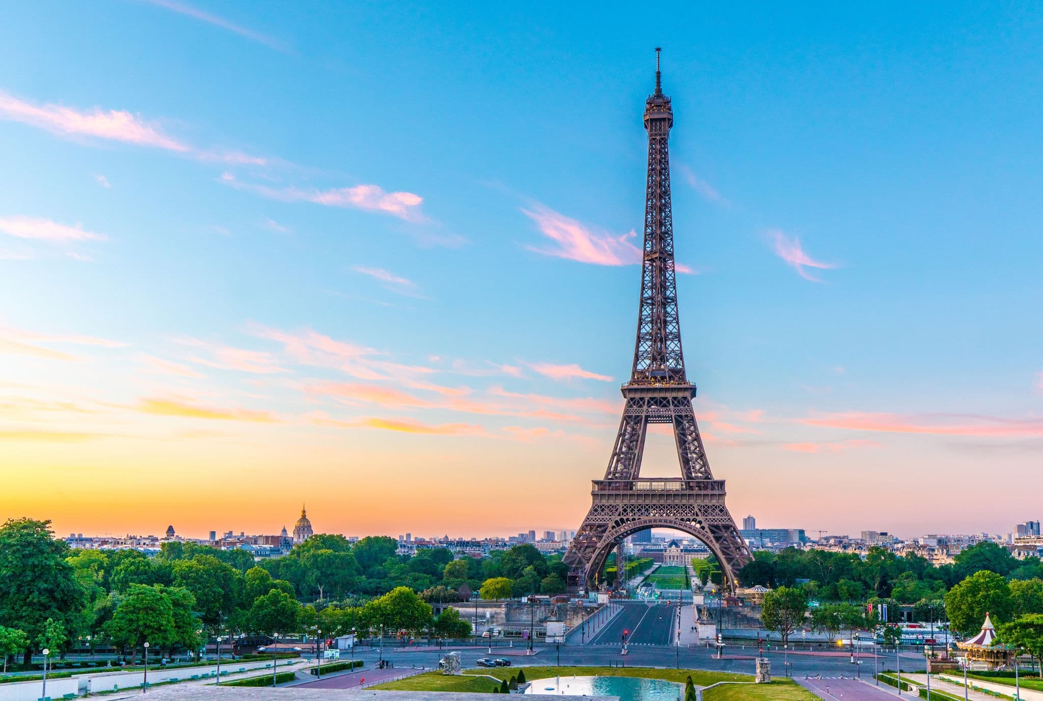 Early morning shot of the Eiffel Tower at sunrise on the River Seine in Paris, France
