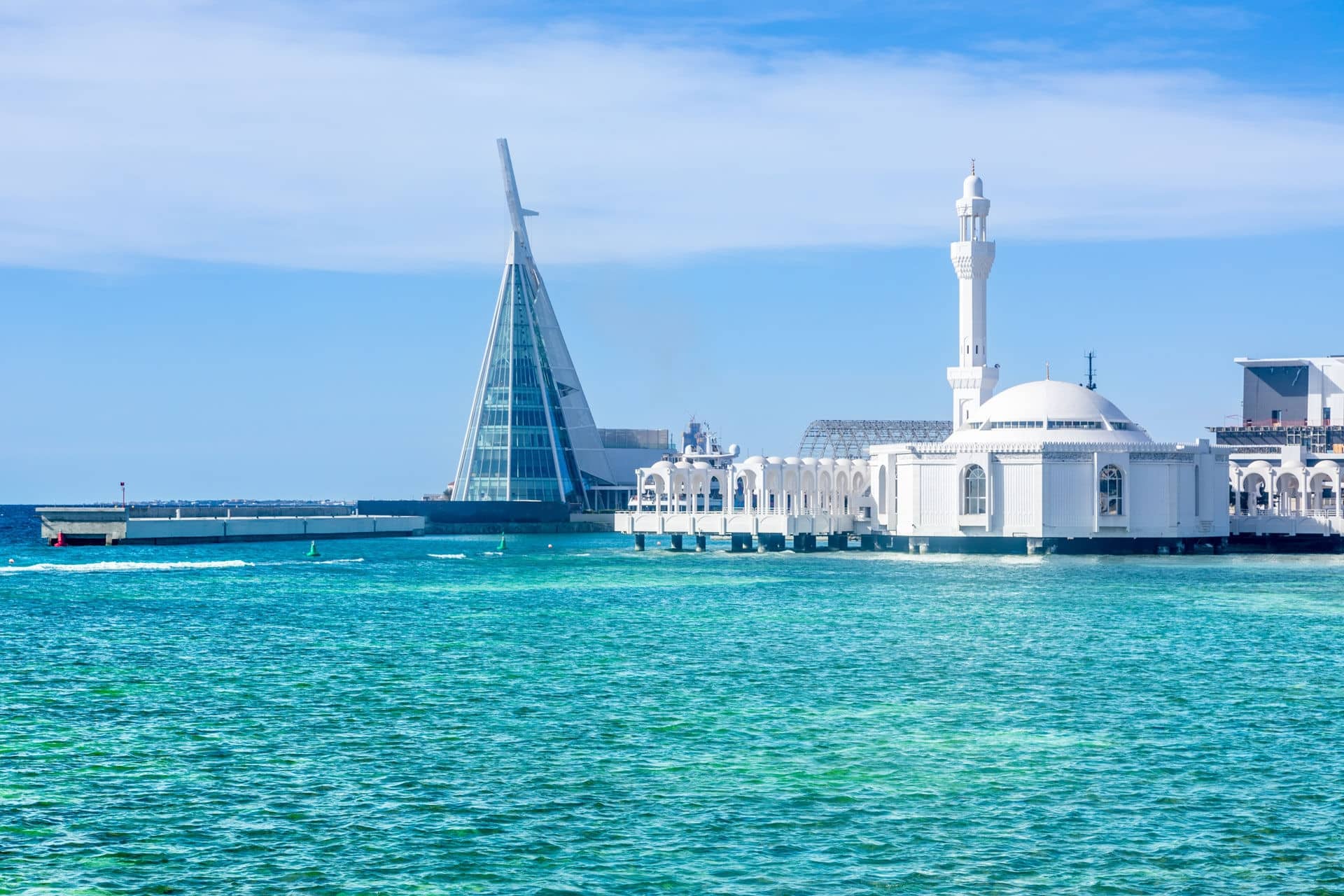 Alrahmah floating mosque with sea in foreground, Jeddah, Saudi Arabia.
