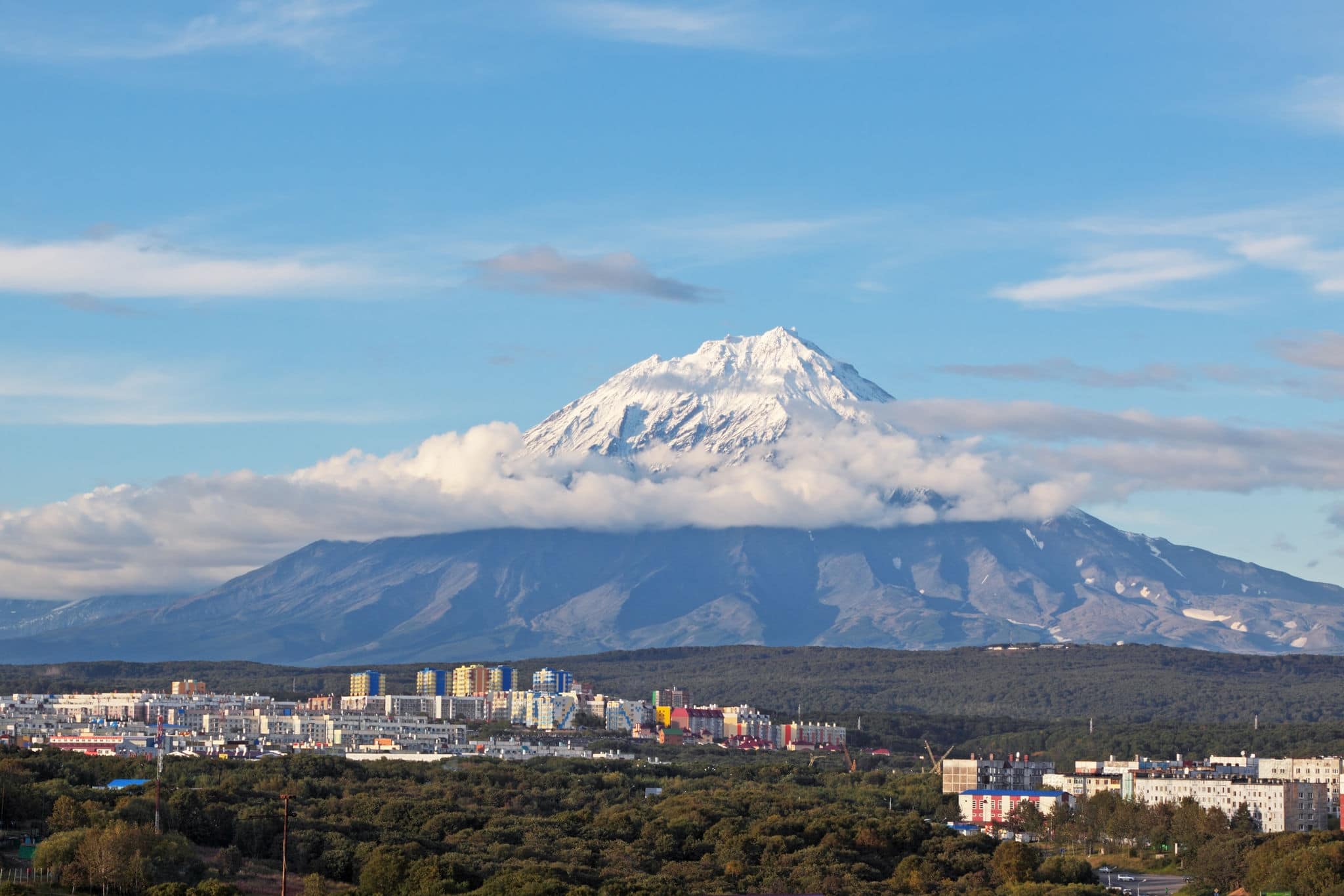 Far east, Russia, the city landscape of Petropavlovsk-Kamchatsky and Koryaksky volcano