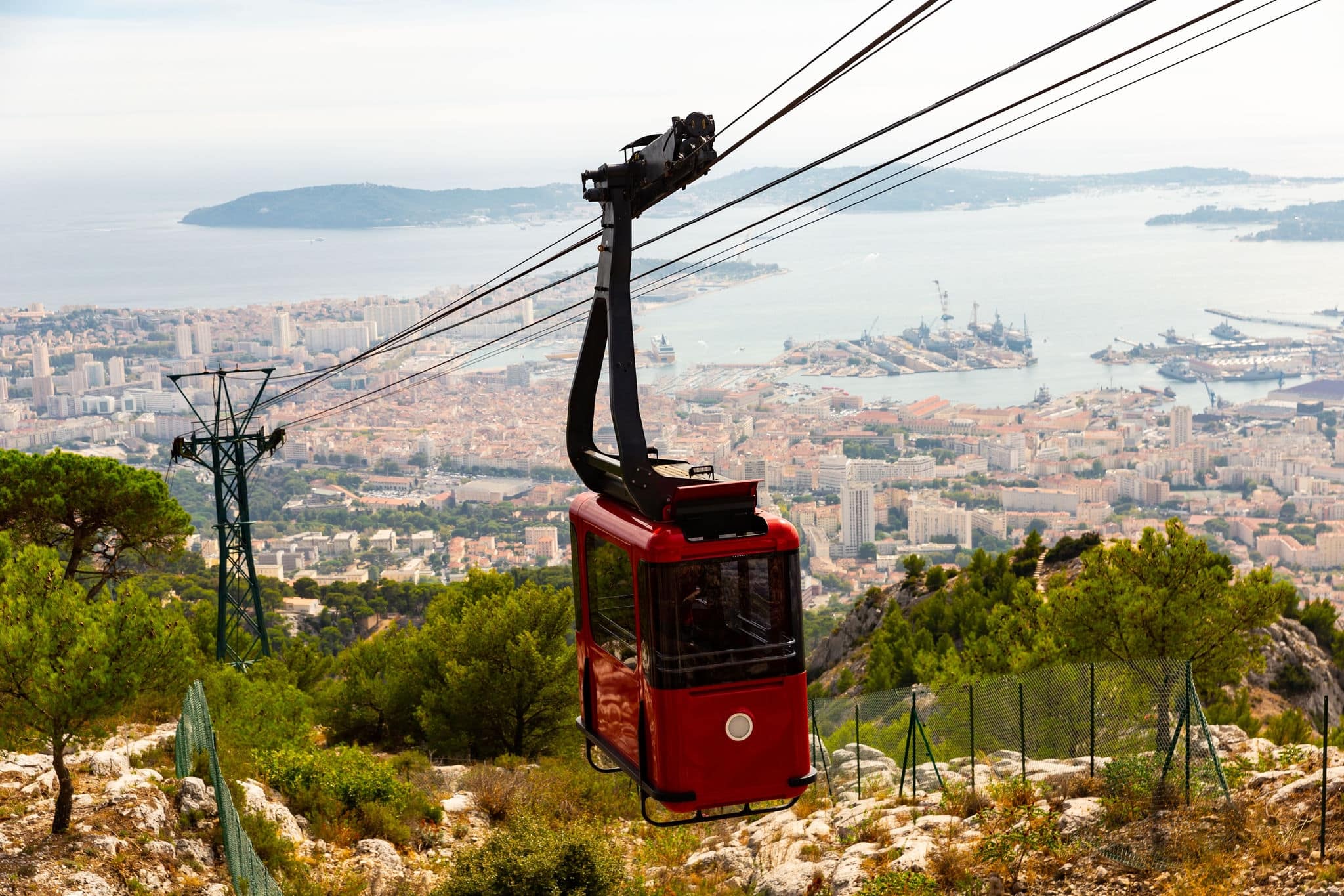 View on cable car to Mount Faron with the city in the background, Toulon, France