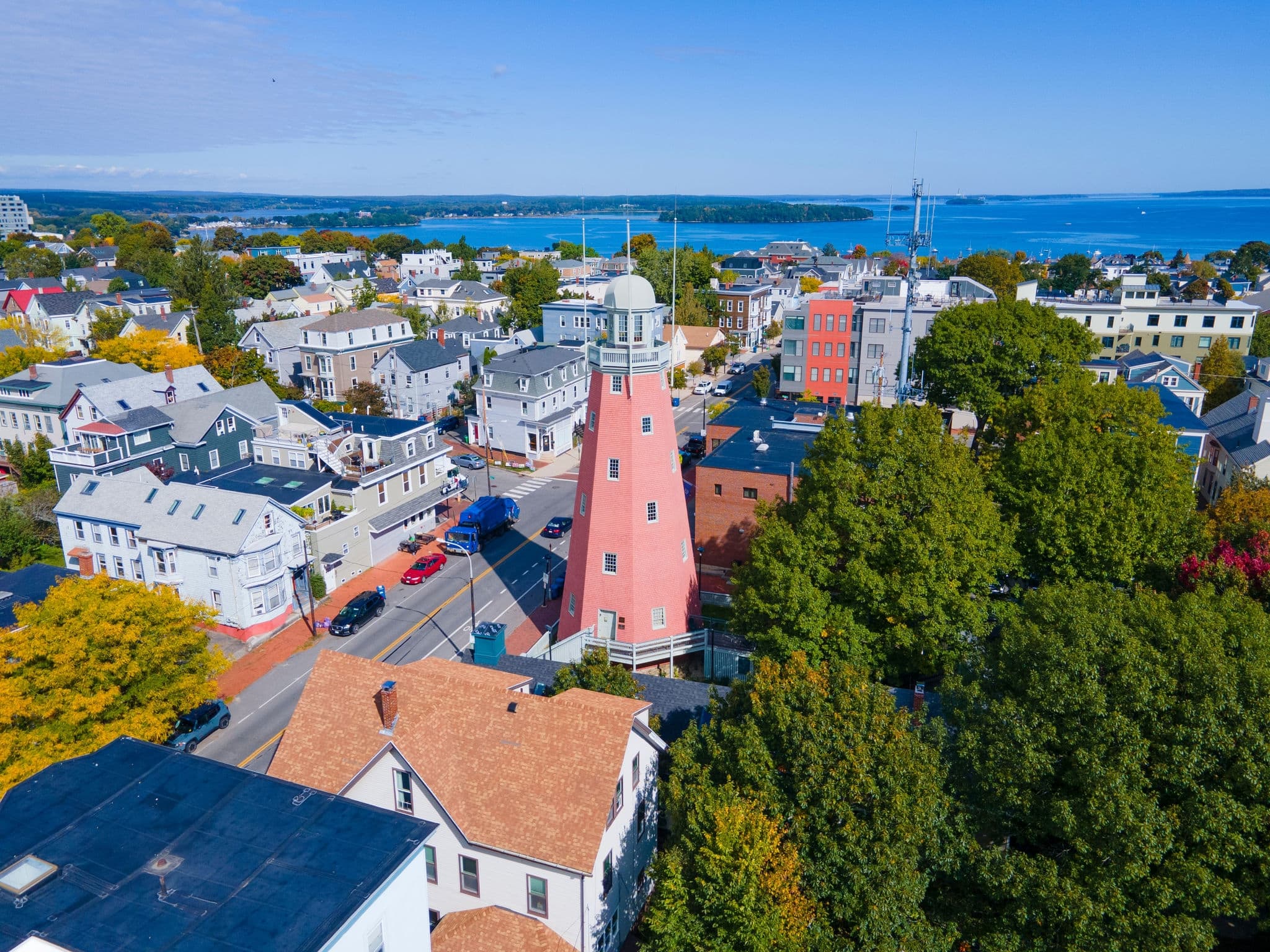 Portland Observatory aerial view at 138 Congress Street on Munjoy Hill in Portland, Maine ME, USA. This observatory is a historic maritime signal tower built in 1807. 