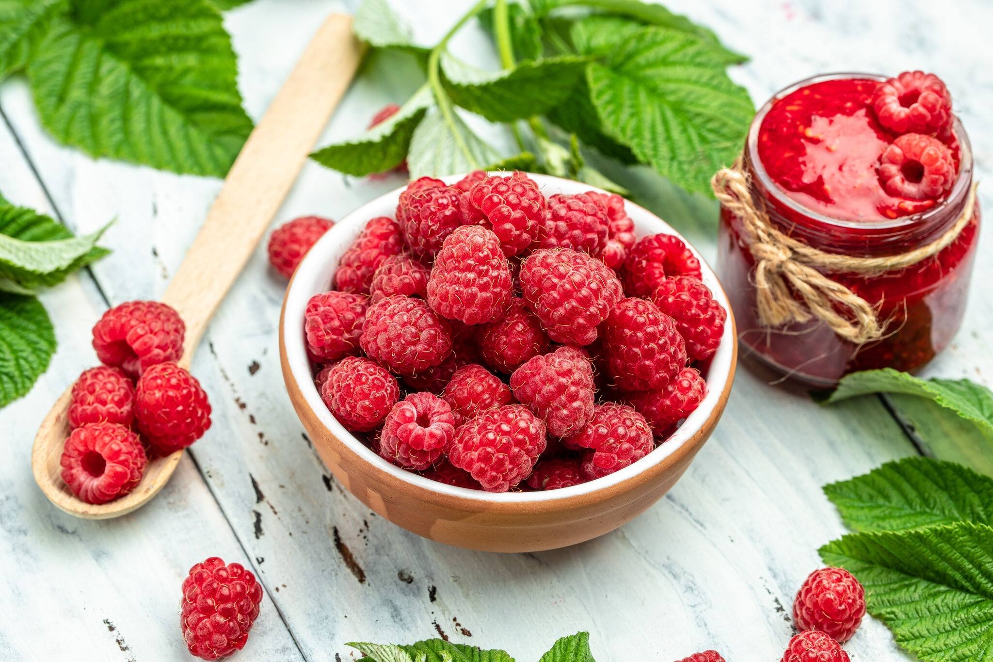 Raspberry in bowl on light background. Organic Raspberry. Red berry. top view with copy space.
