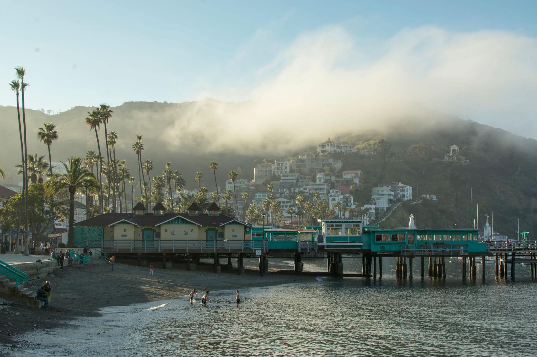 sunset landscape of catalina island in california with the ocean and fog